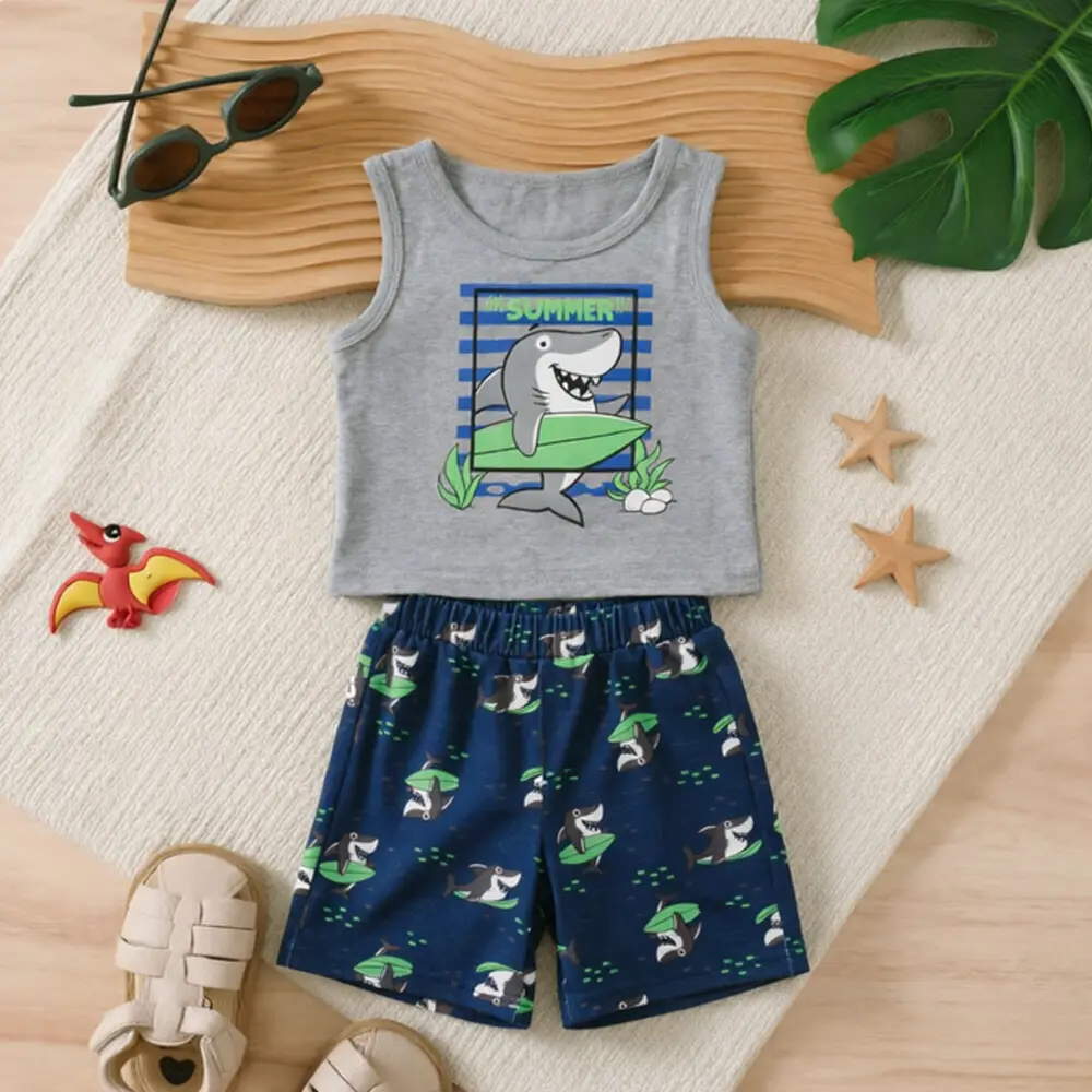 2Pcs Toddler Kids Boys Summer Clothes Shark Print Sleeveless T-shirt Tank Top & Shorts Outfits Sets,cute Kids Outfit,casual Kid Clothes,summer Clothing Set,for Outdoor