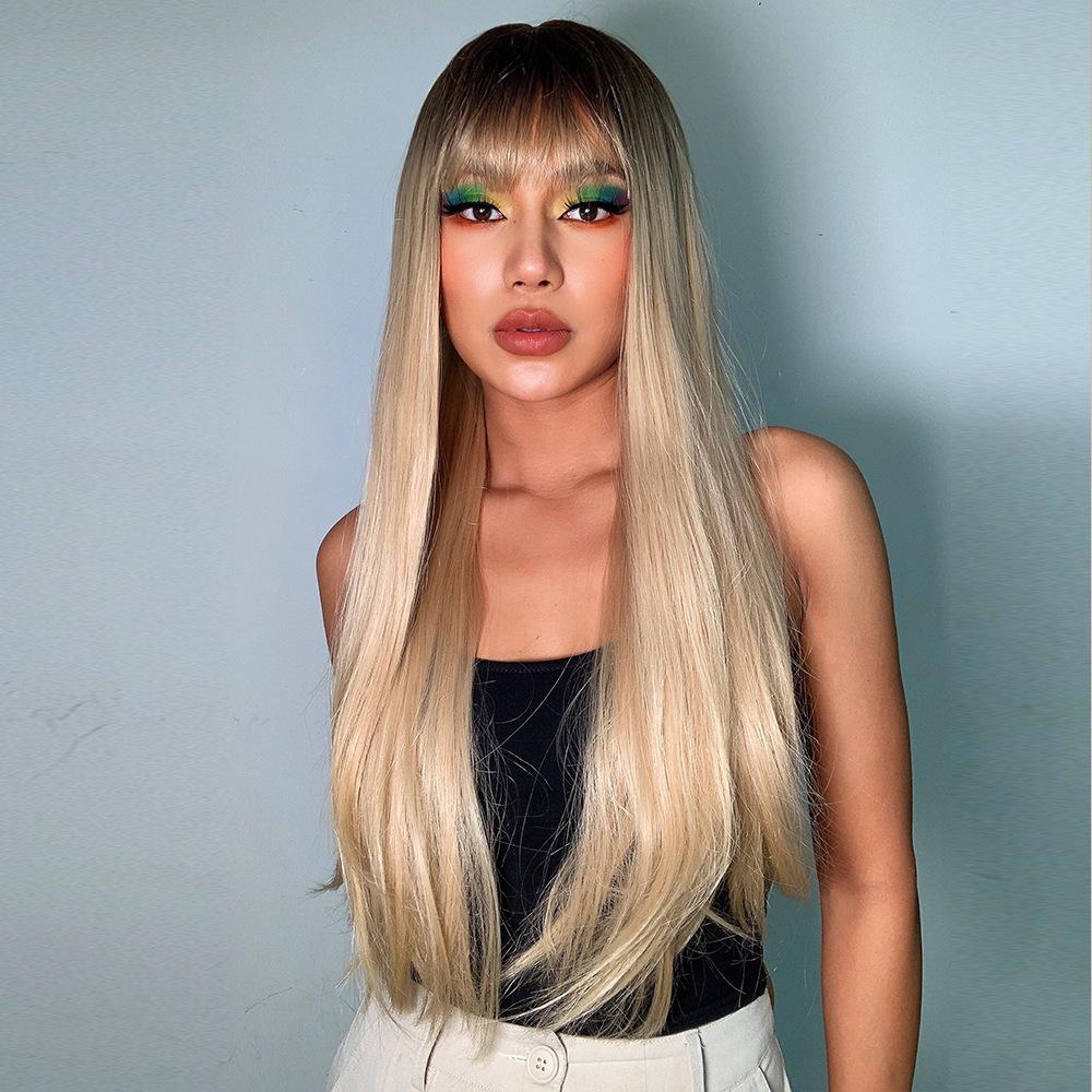 Latest Gray Ombre Straight Hair Wig with Front Fringe High Temperature Synthetic Fiber Easy to Put On Glueless Ventilated European and American Fashion Hair Topper