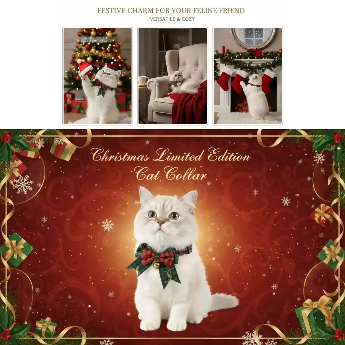 Pet Christmas Bow Tie Collar with Safety Clip, Adjustable Bell Plaid Gold Foil Necktie, Cat Dog Necklace, Holiday Accessory