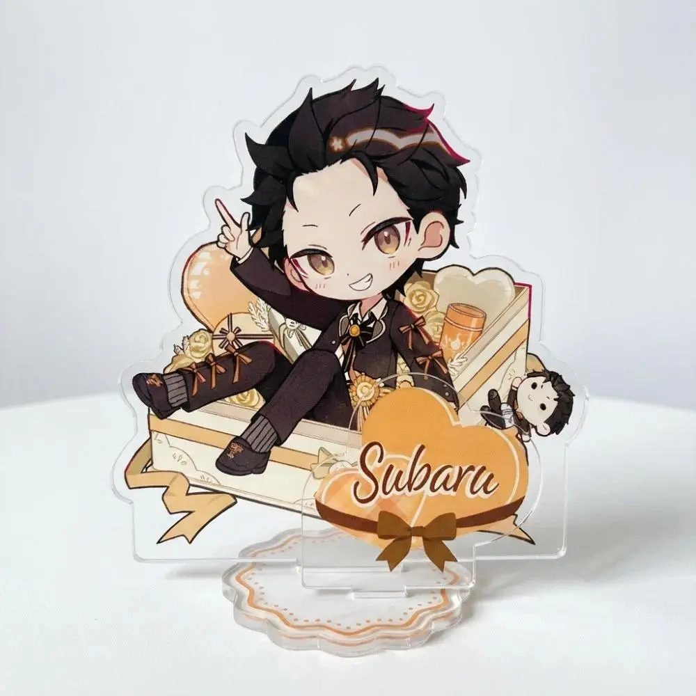 10cm Pink Chibi Art Unisex Anime Peripheral Acrylic Action Figure Stand - Natsuki Subaru & Emilia Model Ornament, Desktop Decoration Gift for Anime Fans, Action Figures