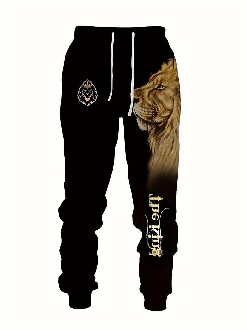 Men's 2-Piece Lion Printed Sportswear Set - Short-Sleeved T-Shirt, Pants, Summer Comfortable Menswear Clothing Set