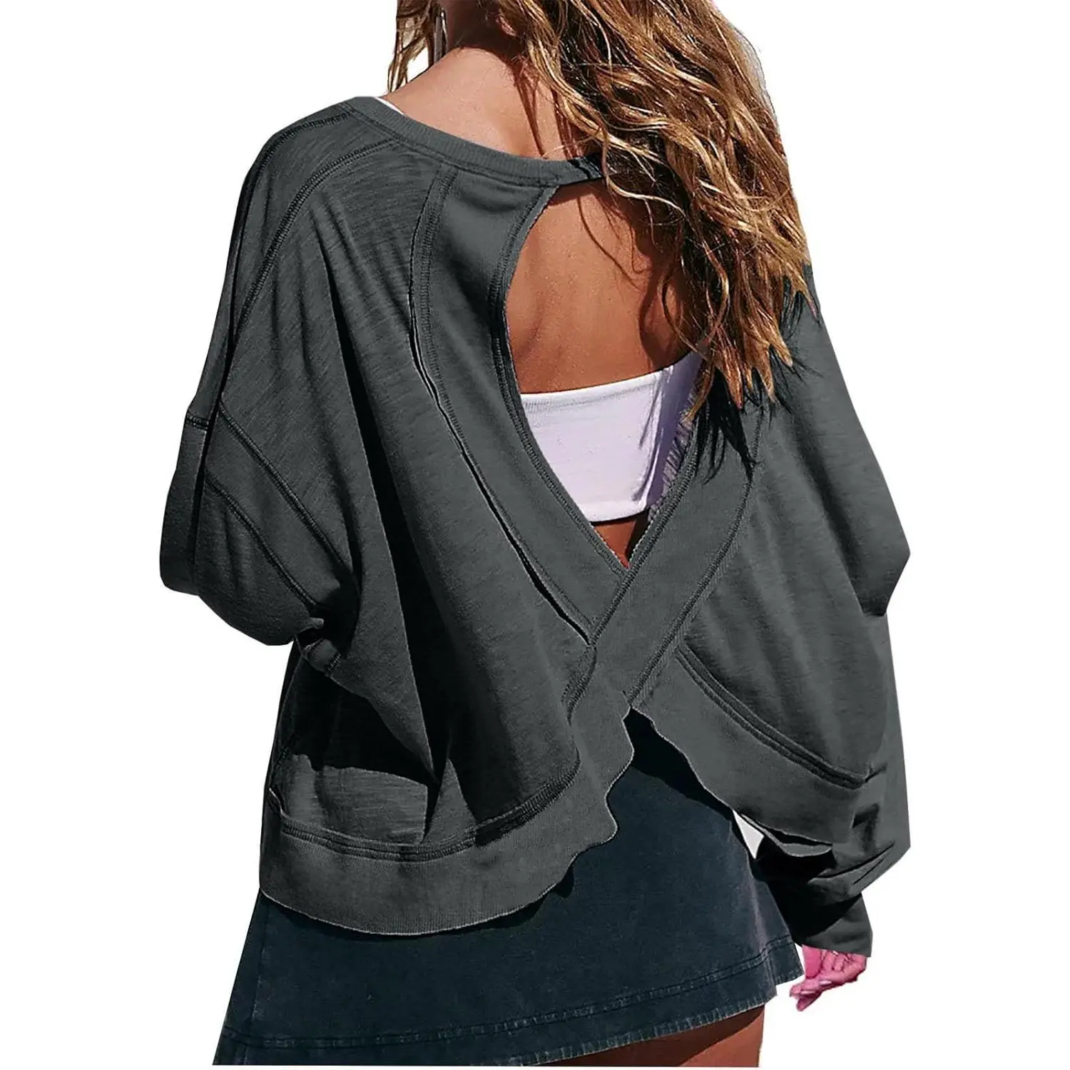 Maternity-Friendly Women's Backless Long Sleeve Workout Crop Top - Open Back Athletic Tee with Backless Cut for Gym, Yoga (New Model)