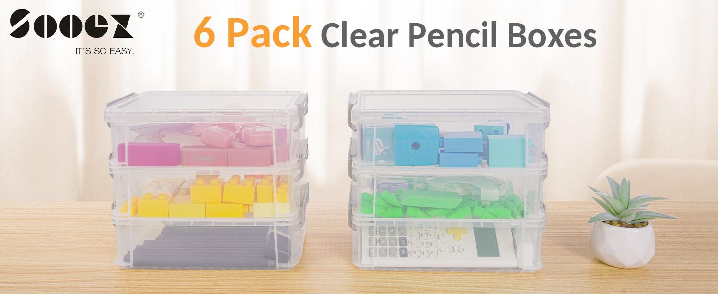 6 Pack Extra Large Plastic Pencil Box, Crayon Box, Marker Organizer with Lid-Stackable Storage Containers for Craft, Pen, Art Supplies, Grey