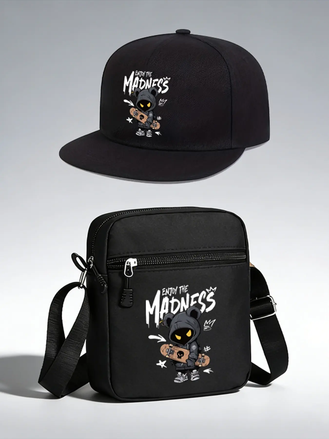 'enjoy the Madness' Cartoon Print Baseball Hat and Crossbody Bag Set, Adjustable Street Fashion, Ideal for Daily Wear and Gifts