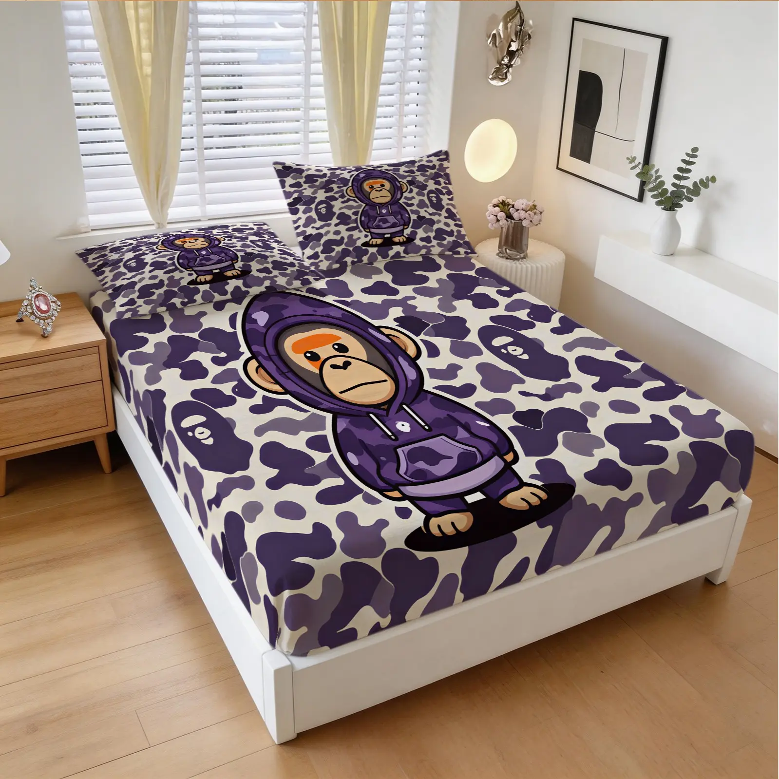 3-Piece Camouflage Cartoon Gorilla Pattern Bed Sheet, Including 1 Bed Sheet And 2 Pillowcases, Soft And Comfortable Bedding, Anti Slip Dust Cover, Suitable For Bedrooms And Guest Rooms