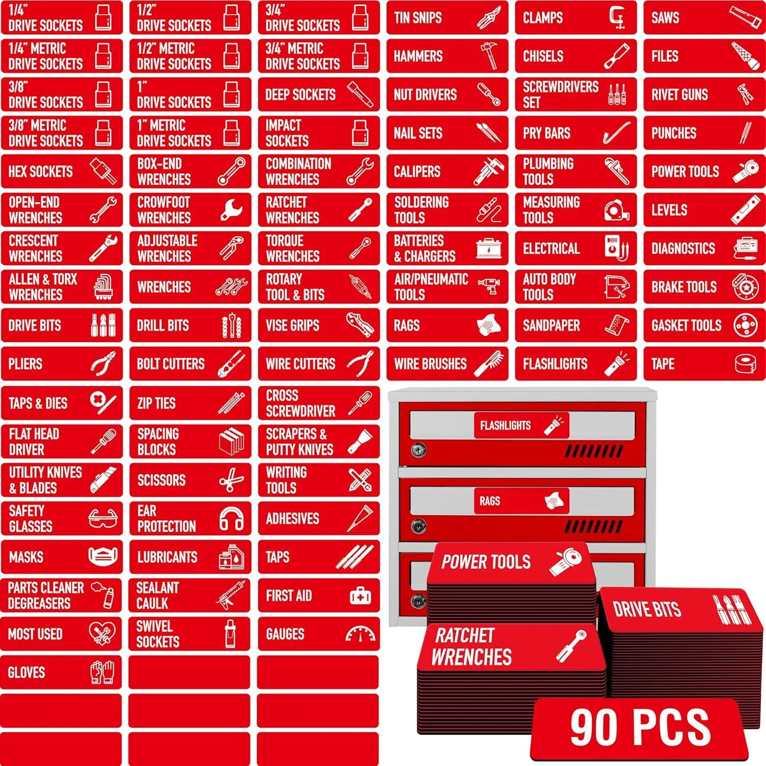 90 PCS Magnetic Toolbox Labels, 82 Pre-Printed & 8 Blanks Large Size Tool Chest Organizer Labels Strong Magnetic & Easy to Read Printing Fits All Brands of Steel Tool Box Drawers (Red, 3.5" x 1")
