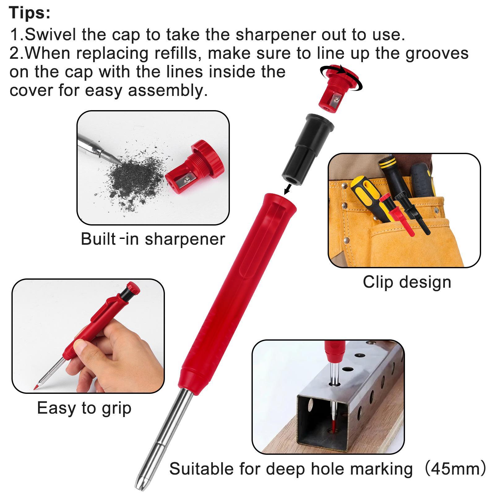 Mechanical Pencil Set, Mechanical Drawing Pencils, carpenter pencil sets, 2 Carpenter Pencils and 12 pen refills, Construction pencils for construction and woodworking, deep hole marking, durable construction tools, black and red with box