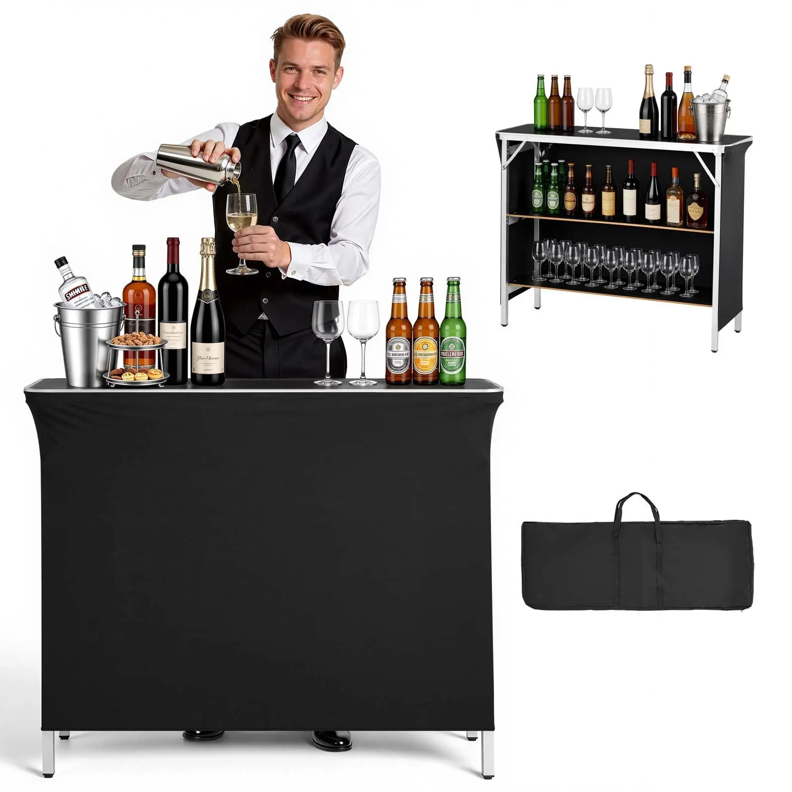VEVOR Folding Portable Bar Table - 43.3x15.2x34.8in, Carry Bag, 2 Storage Shelves, Detachable 3-Sided Fabric Skirt, Stable Support, Quick Setup, Mobile Bartending Station for Events, Market Stalls, 17.9 Lbs / 8.1 Kg