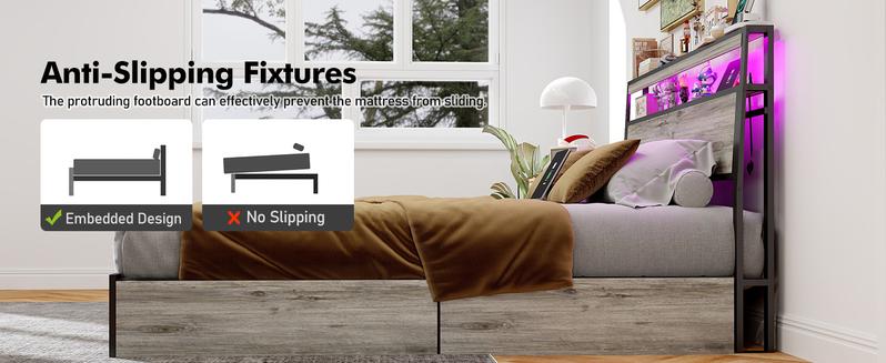 Queen Size Bed Frame with 4 Storage Drawers and Headboard with Charging Station and LED Lights,2 Tier Solid Wood Headboard Storage/Noise Free/No Box Spring Needed/Remote Control/Rustic Grey Queen Size Bed Frame with 4 Storage Drawers and Headboard with Charging Station and LED Lights,2 Tier Solid Wood Headboard Storage/Noise Free/No Box Spring Needed/Remote Control/Rustic Grey