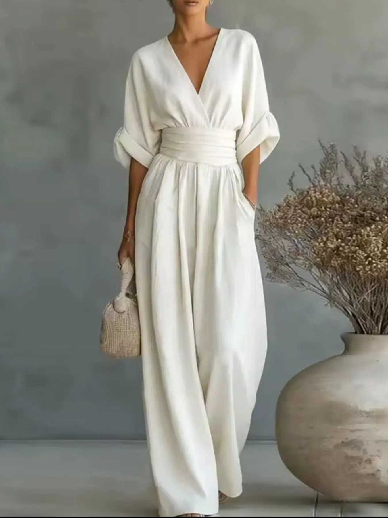 French Style V-Neck High Waist Wide Leg Breathable Jumpsuit for Women, Summer Slimming Flowy One-Piece Dress, Elegant and Comfortable