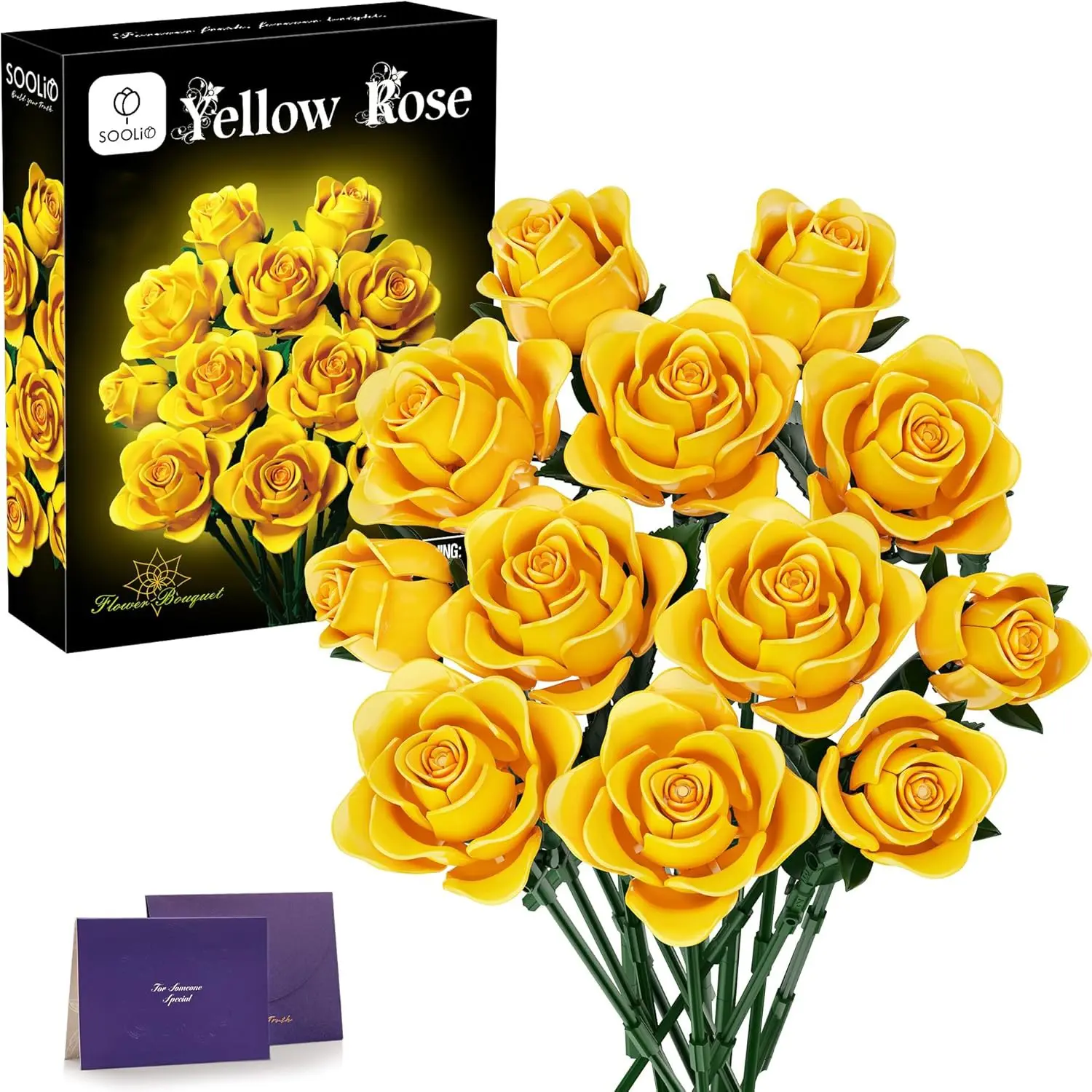 Yellow Rose Bouquet Building Set, 530 PCS Faux Roses Artificial Flowers Bouquet Botanical Collection for Adults, Home Decor Romantic Gift for Valentine's Day, Anniversary for Her & Him