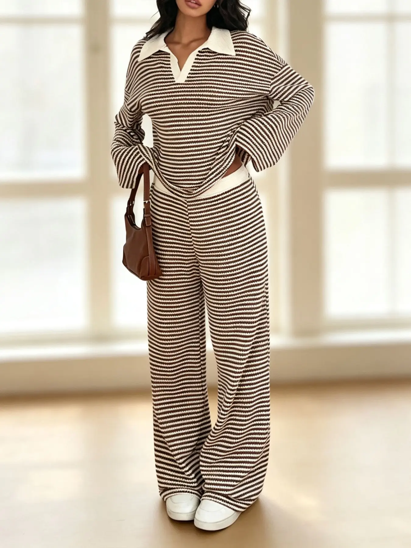 Women's Striped Knit Two-Piece Set, Turn-Down Collar Long Sleeve Top with Wide Leg Pants, Casual Fashion for Everyday Wear
