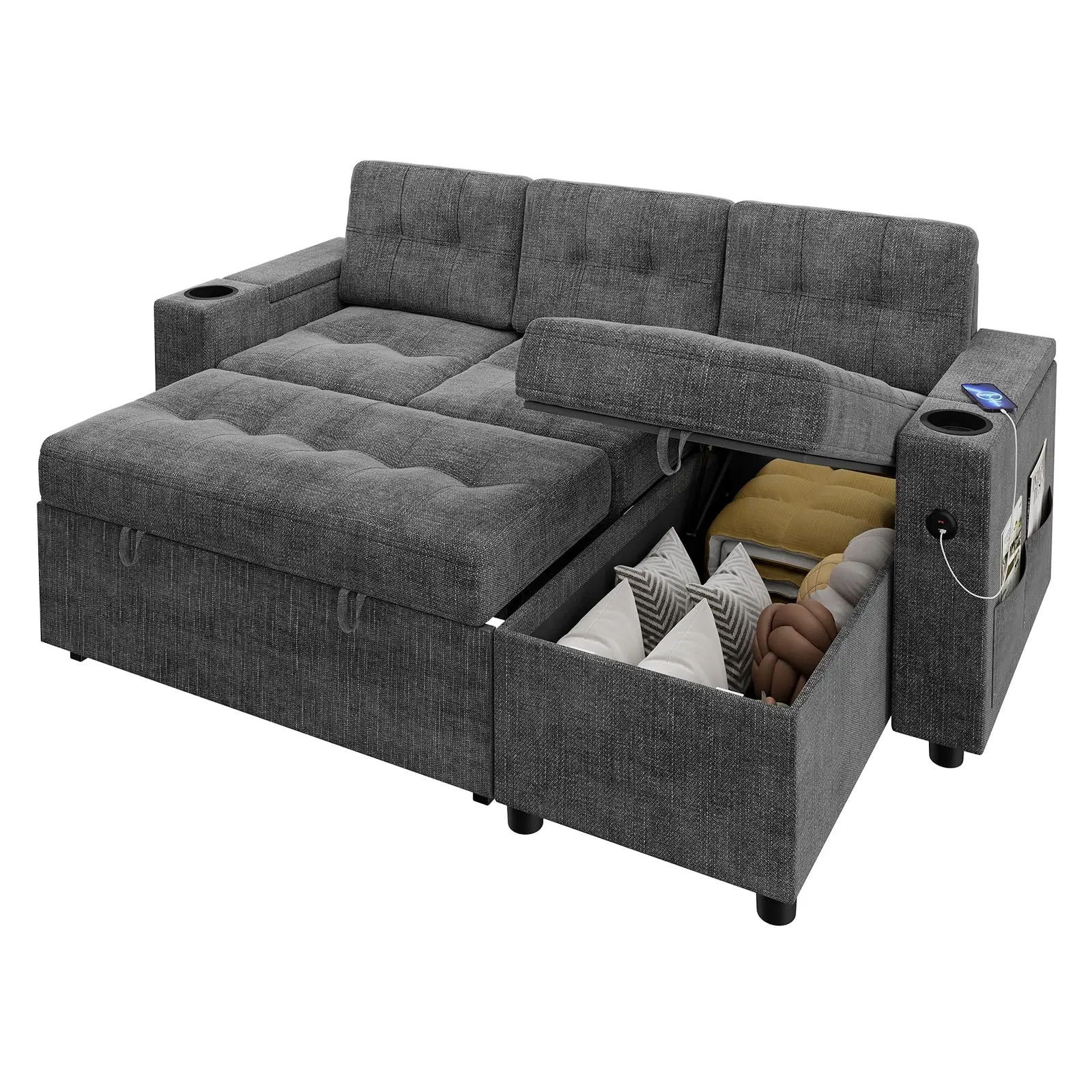84 Inch Convertible L Shaped Sofa Bed with Pull Out Sleeper, Hidden Storage Armrests, Sectional Couch with 2 Cup Holders USB Charging Ports for Living Room Dark Gray
