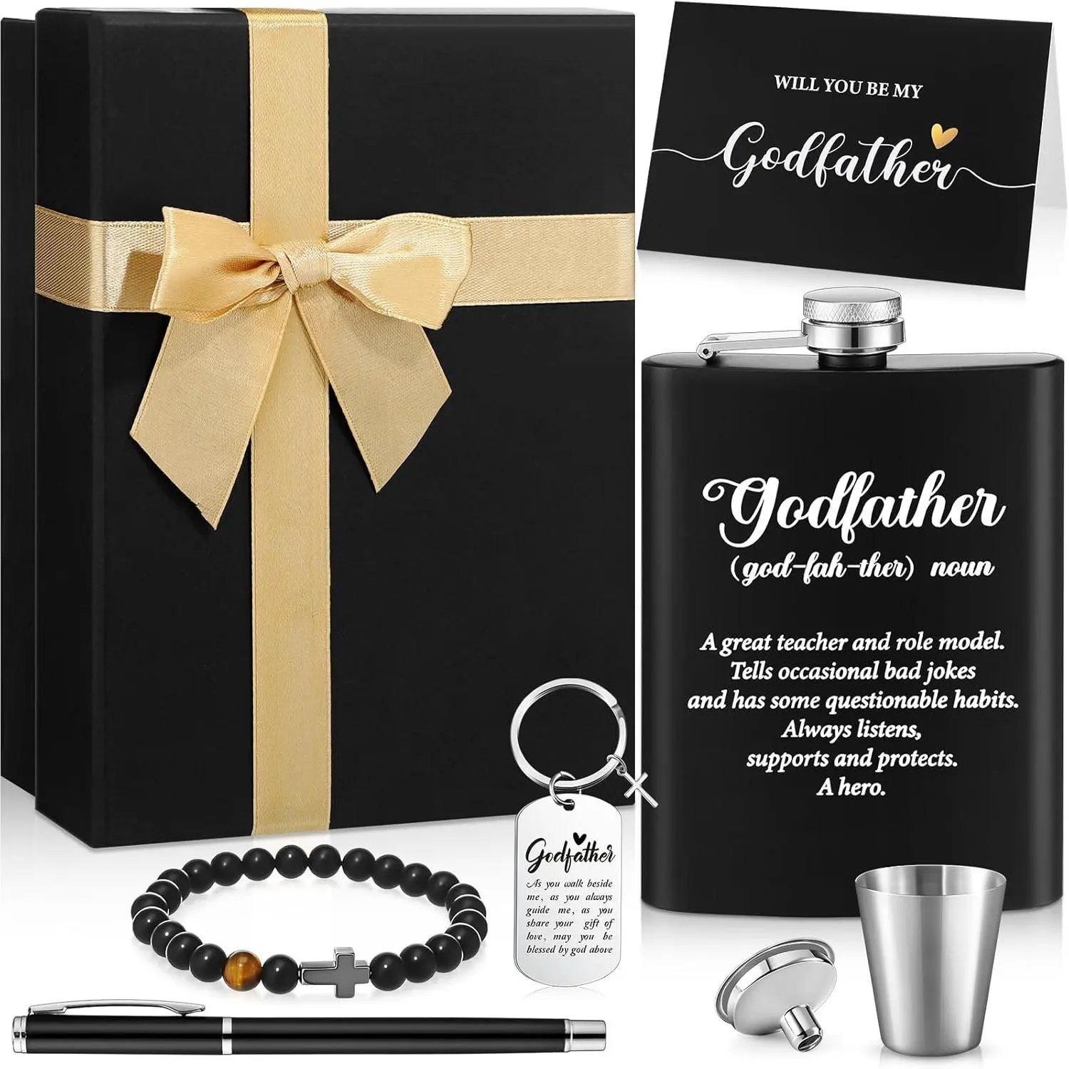 8 Pcs Father's Day Will You Be My Godfather Proposal Gift Set Includes Flask Bracelet Keychains Cards Pen Box Gifts for Godfather Uncle from Godchild Baptism