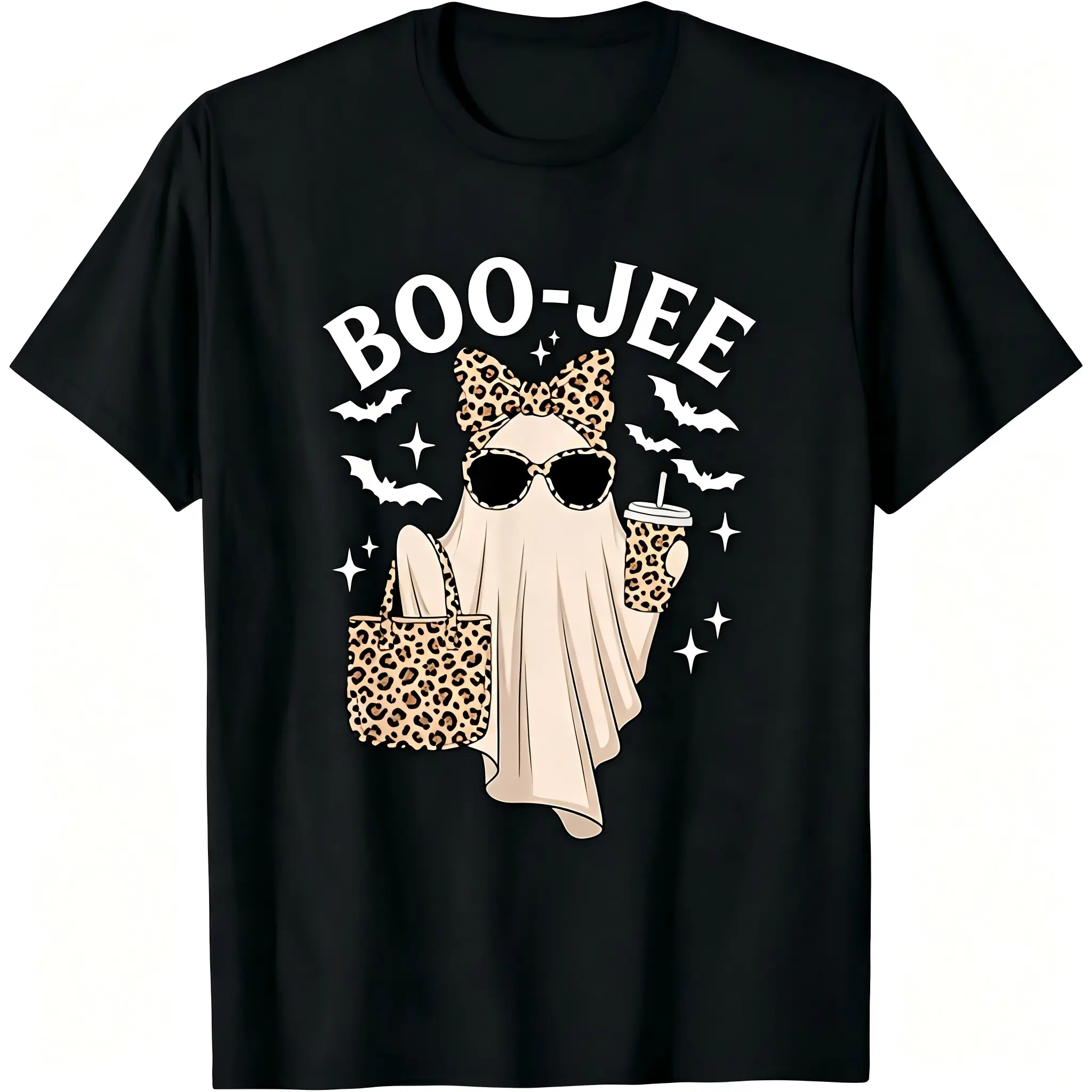 "Boo-Jee" Leopard Ghost Halloween Unisex T-Shirt for Men & Women - Coffee Bag Bat Cute Trendy Design, Soft Cotton Crew Neck Short Sleeve, Comfortable All-Season Tee, Perfect for Everyday Casual & Fall Party Style, Machine Washable