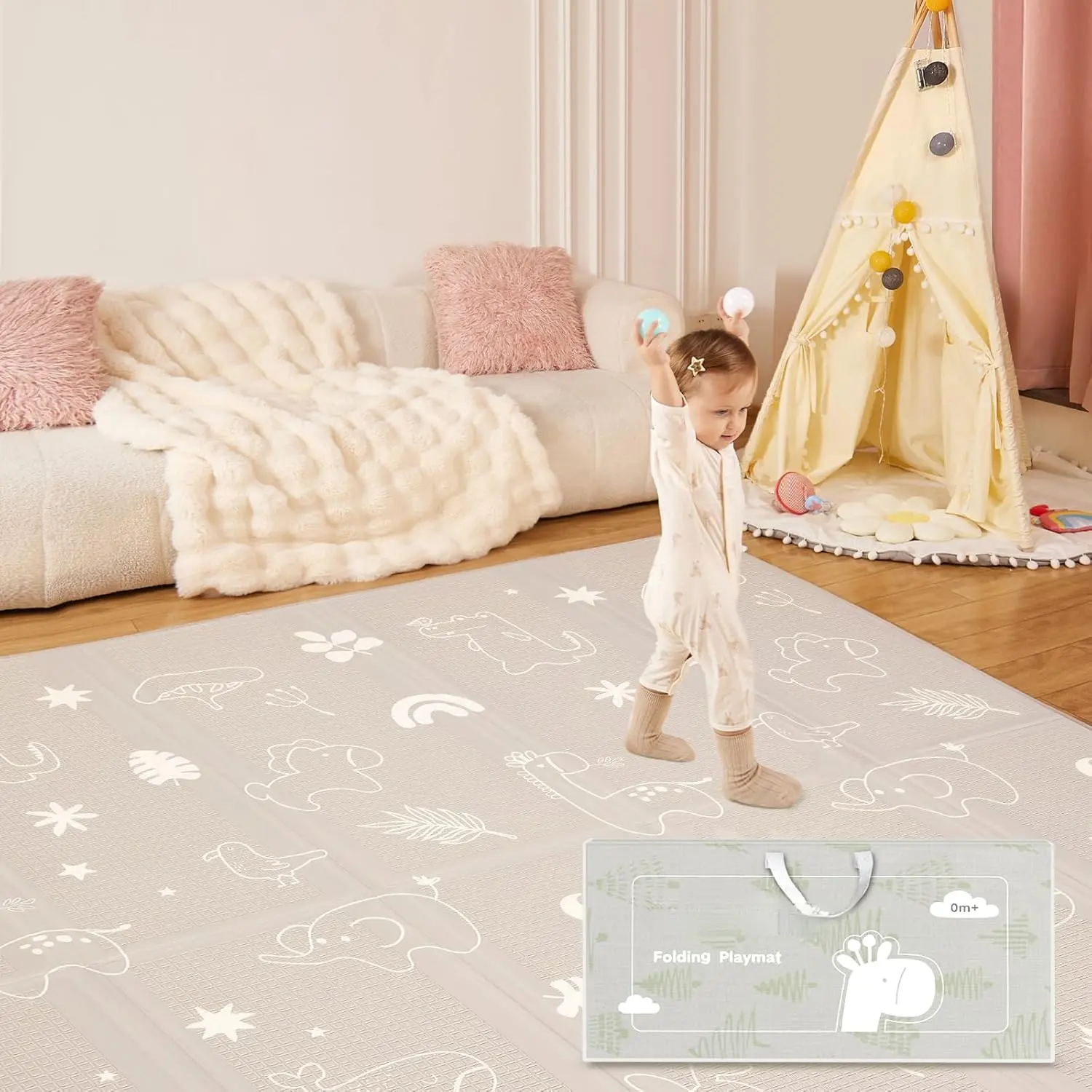 Baby Play Mat, 71x59 Inch Foldable Play Mats  Babies and Toddlers, Waterproof & Anti-Slip Portable Foam Floor Mat  Tummy Time with Travel Bag Indoor Outdoor