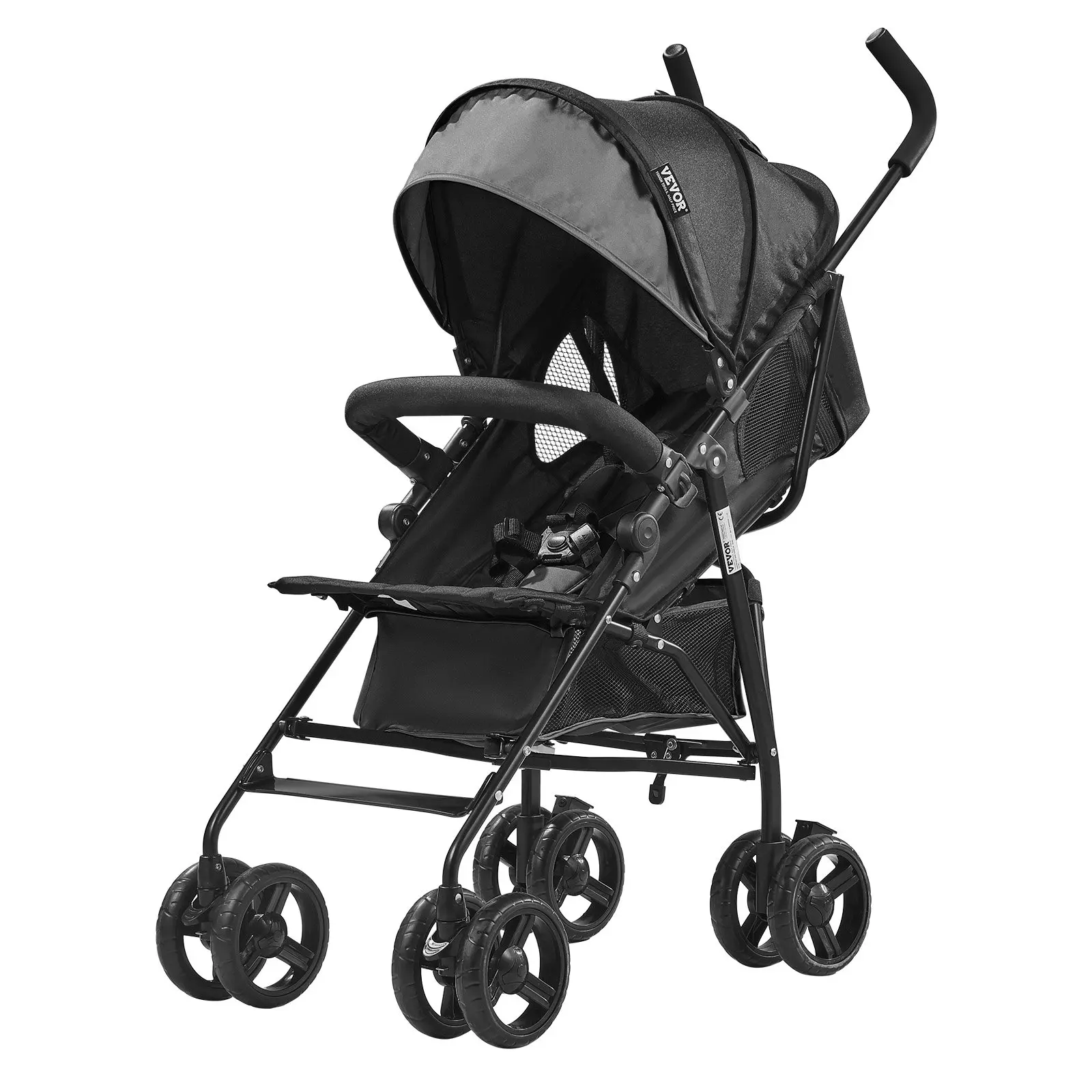 【Summerfinds】VEVOR Trifold Lightweight Baby Stroller, 0-3 Years Compact Foldable Carbon Steel Frame, Multi-Position Adjustable Detachable Canopy Backrest, Large Storage Basket, Cup Holder for Travel, Dark Gray/Black