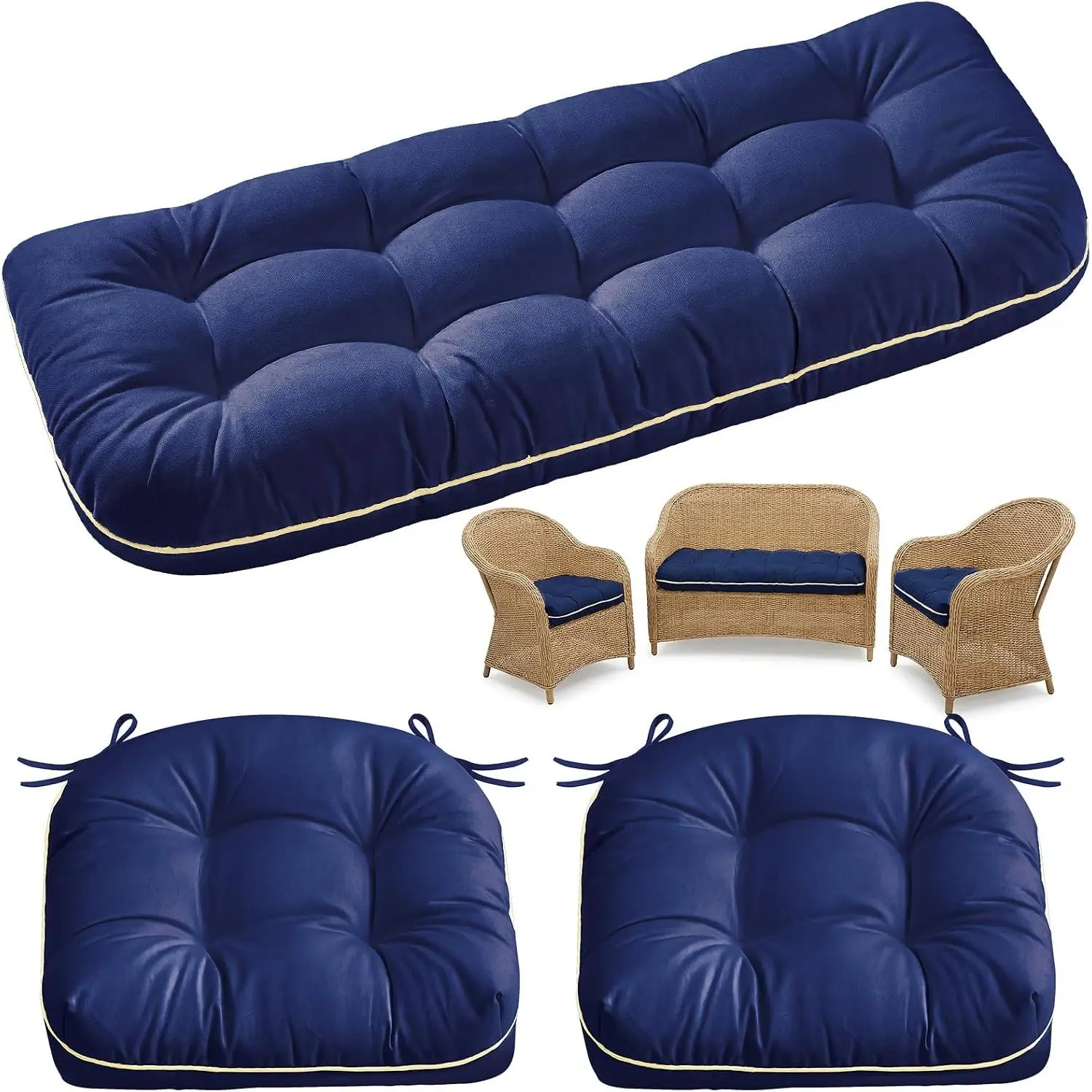 Wicker Chair Cushions 3 count Set for Outdoor Furniture,  Patio Wicker Furniture Cushions, Pc Loveseat Cushion & 2 count Chair Cushions (Oxford-Blue)