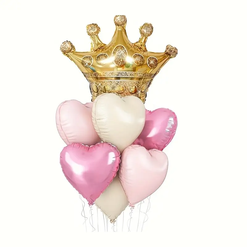 8 Piece and Princess Balloons, Cream Heart Balloons with Gold Silver Crown Aluminum Foil Set, Party Decoration for Girls