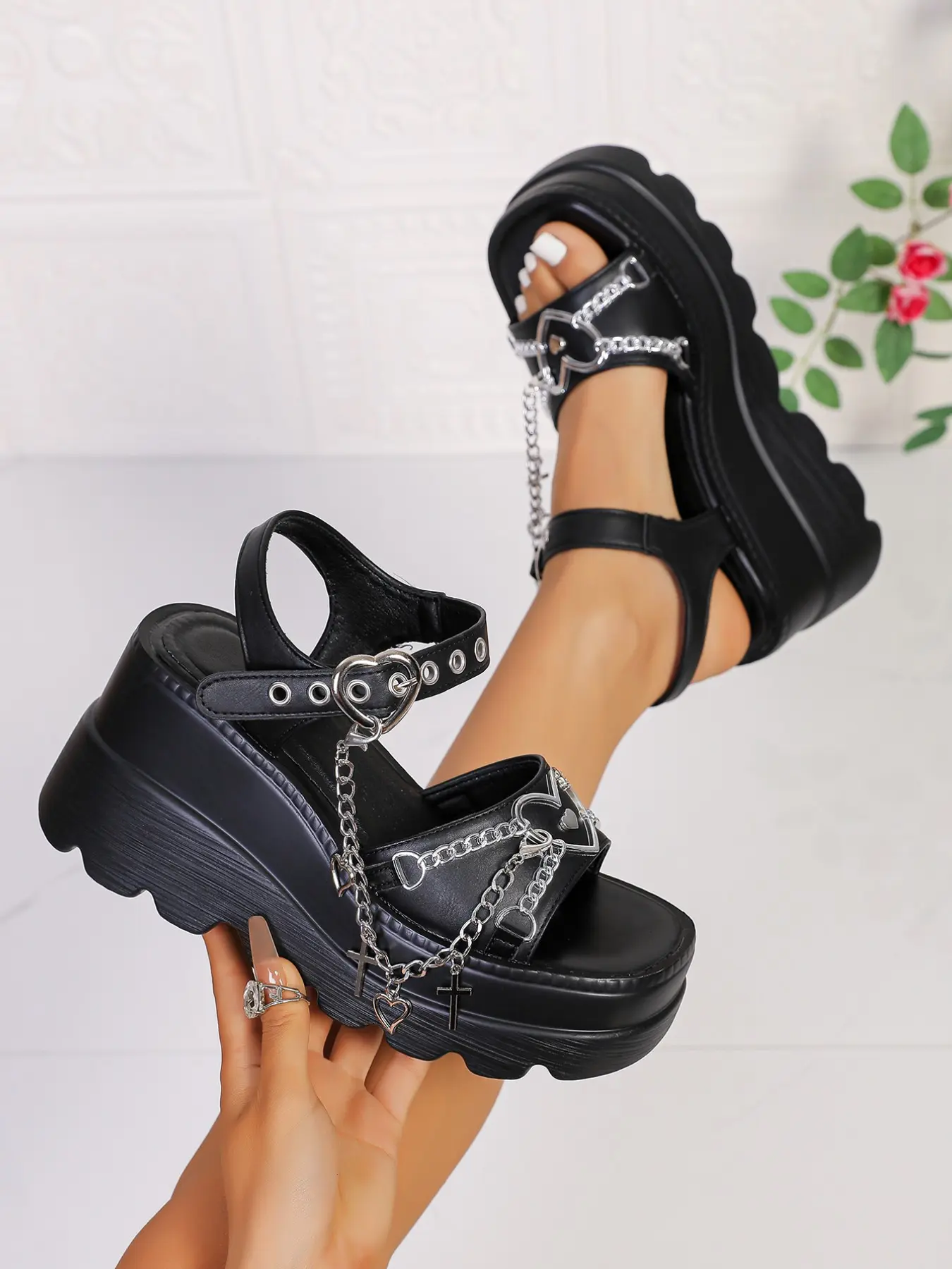 Women's Grunge Punk Gothic Cross Chain Detail Thick Sole Sandals, Slope Heel Design for Summer Casual Wear, Perfect for Vacation and Festivals