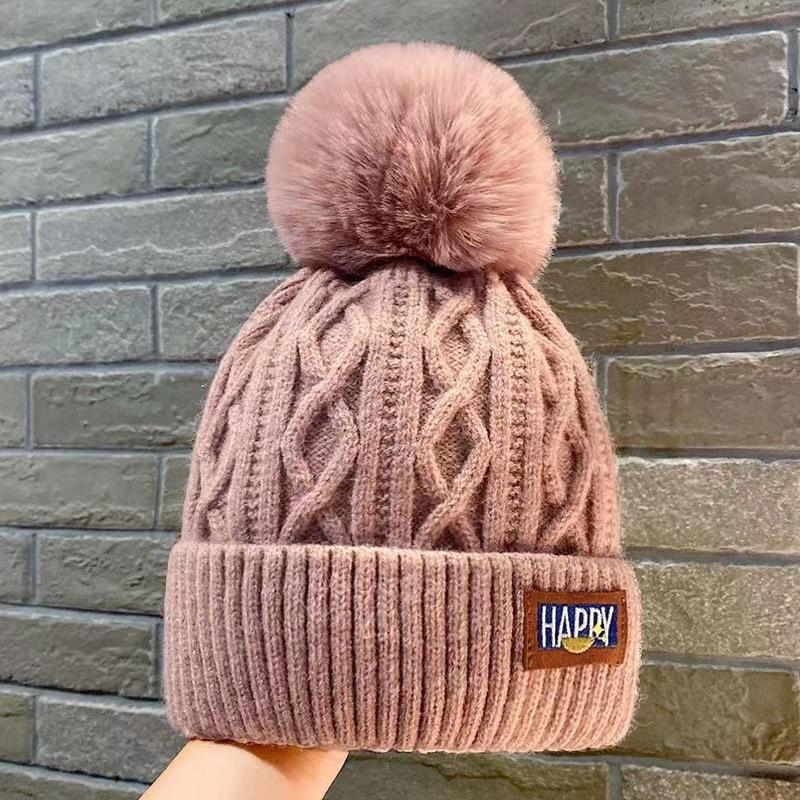 3pcs Autumn and Winter Women's Pompom Knitted Hat Women Solid Color Thicken Plush Beanie Cap Female Autumn Warm Crochet Hats
