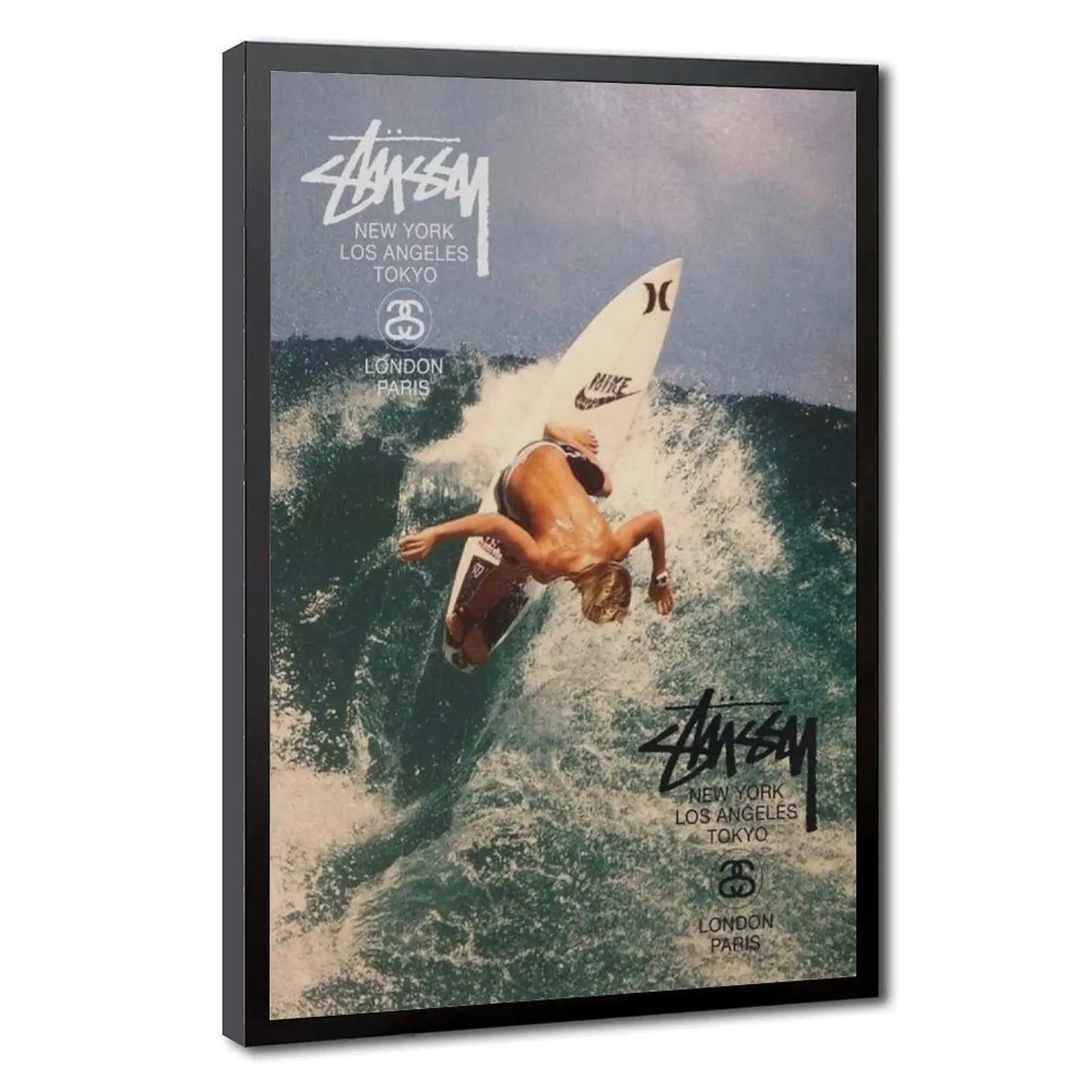 Surf and Tiger Canvas Wall Poster, Retro Analog Surf Photo Format With Digital Logo Design Classic 90s Surf Skate Culture Wall Poster for Studio and Home Decor