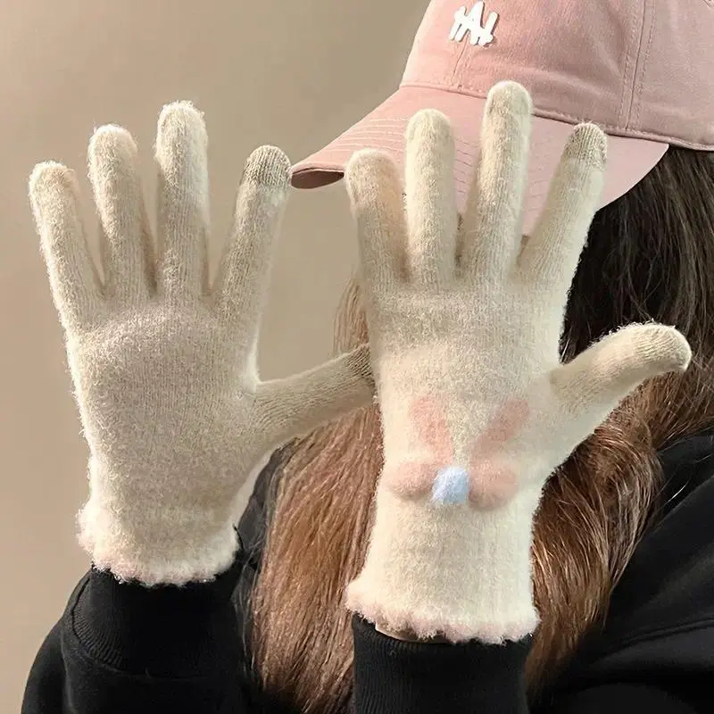 Touchscreen Knit Gloves Woman Girl Plush Fingered Cute Winter Gloves for Cycling Warm Fleece-Lined Thick Lady