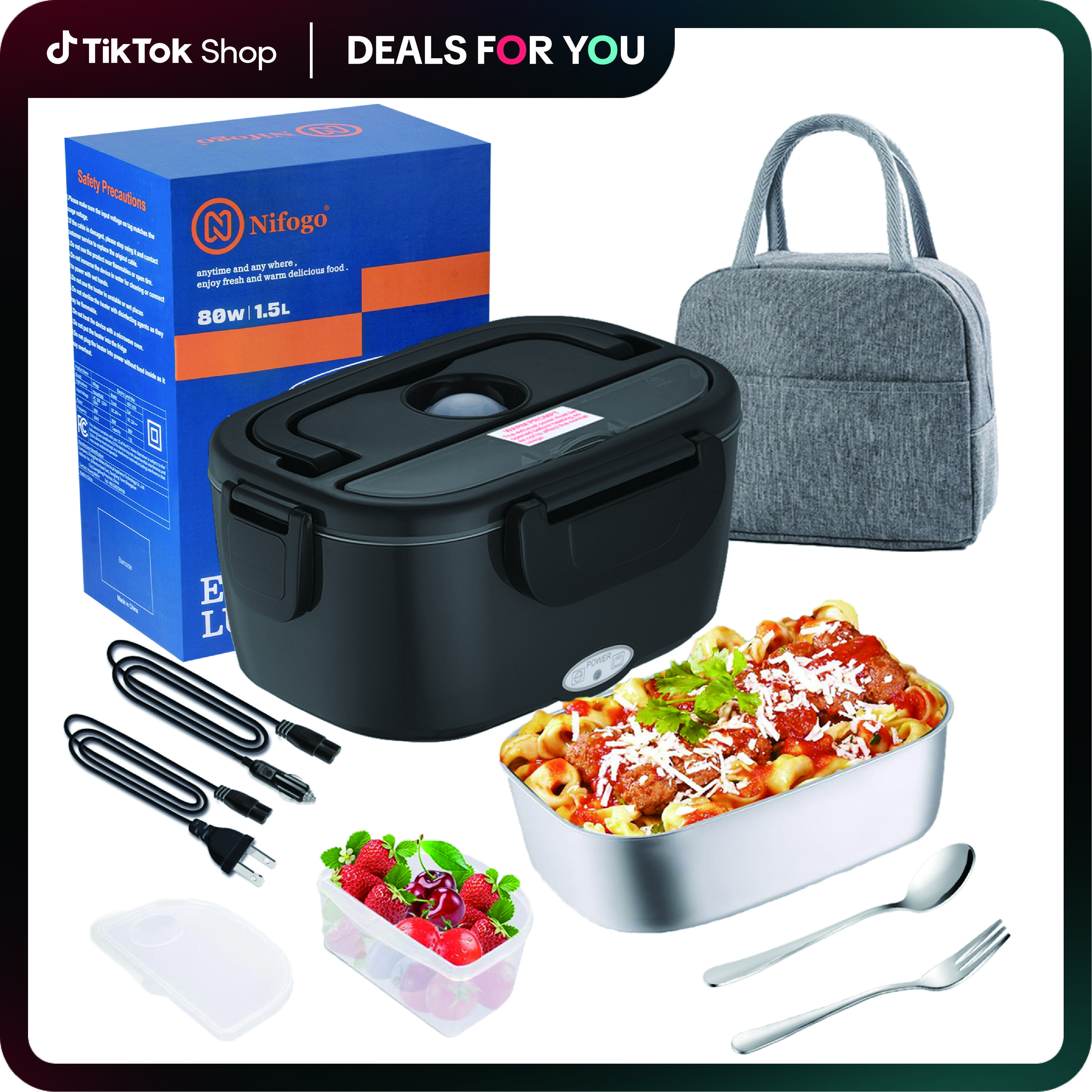 Nifogo  Electric Lunch Box Food Heater 80W Portable Heated Lunch Box for Adults Food Warmer Lunch Box 110V/24V/12V for Office Truck Car, with 1,8L Stainless Steel Container & Bag