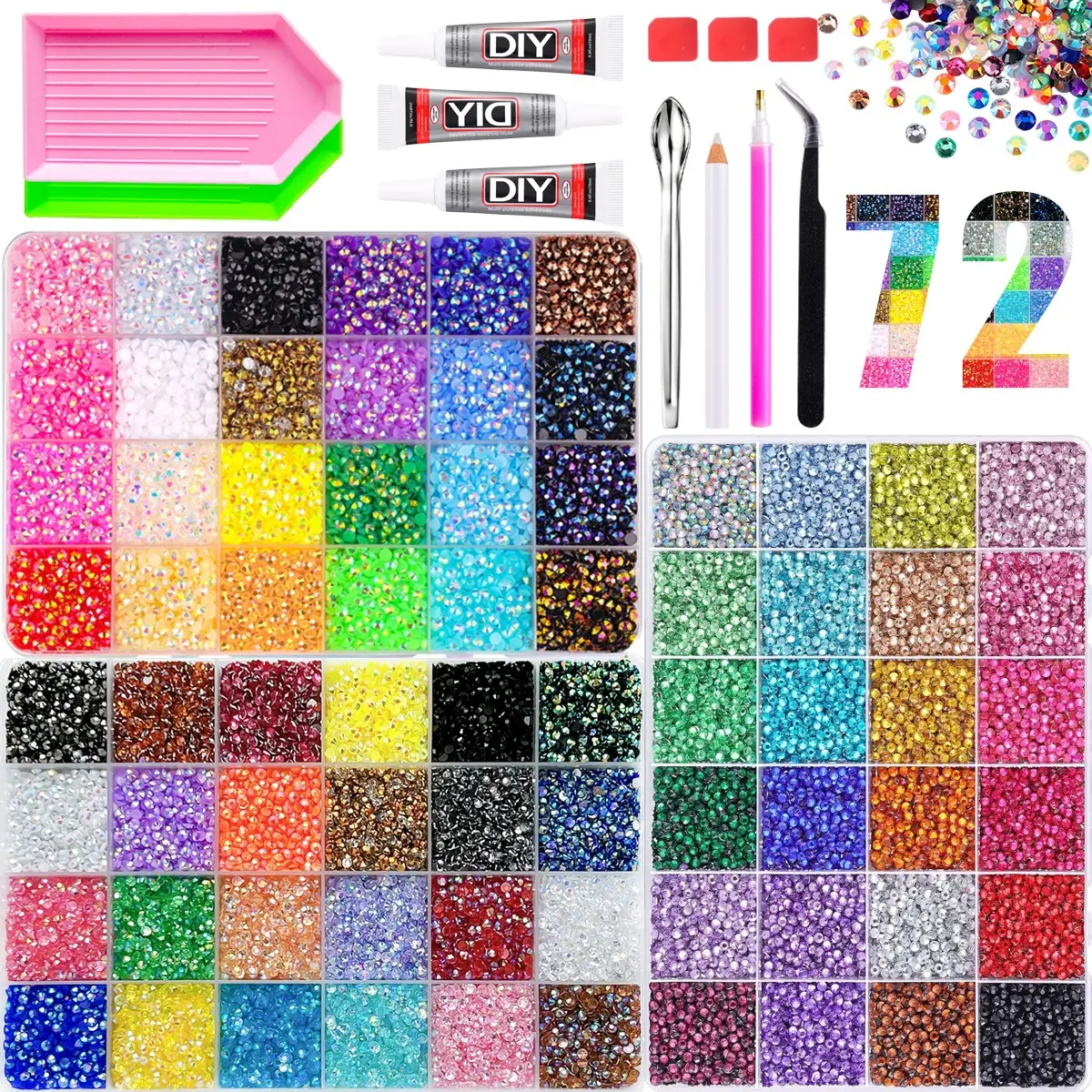 Sparkling 72 Colors Large Capacity Jelly Resin Nail Rhinestone Kit, Diy Nails Art, Multi-Size Rainbow Flatback Gems with Tool Gift Pack