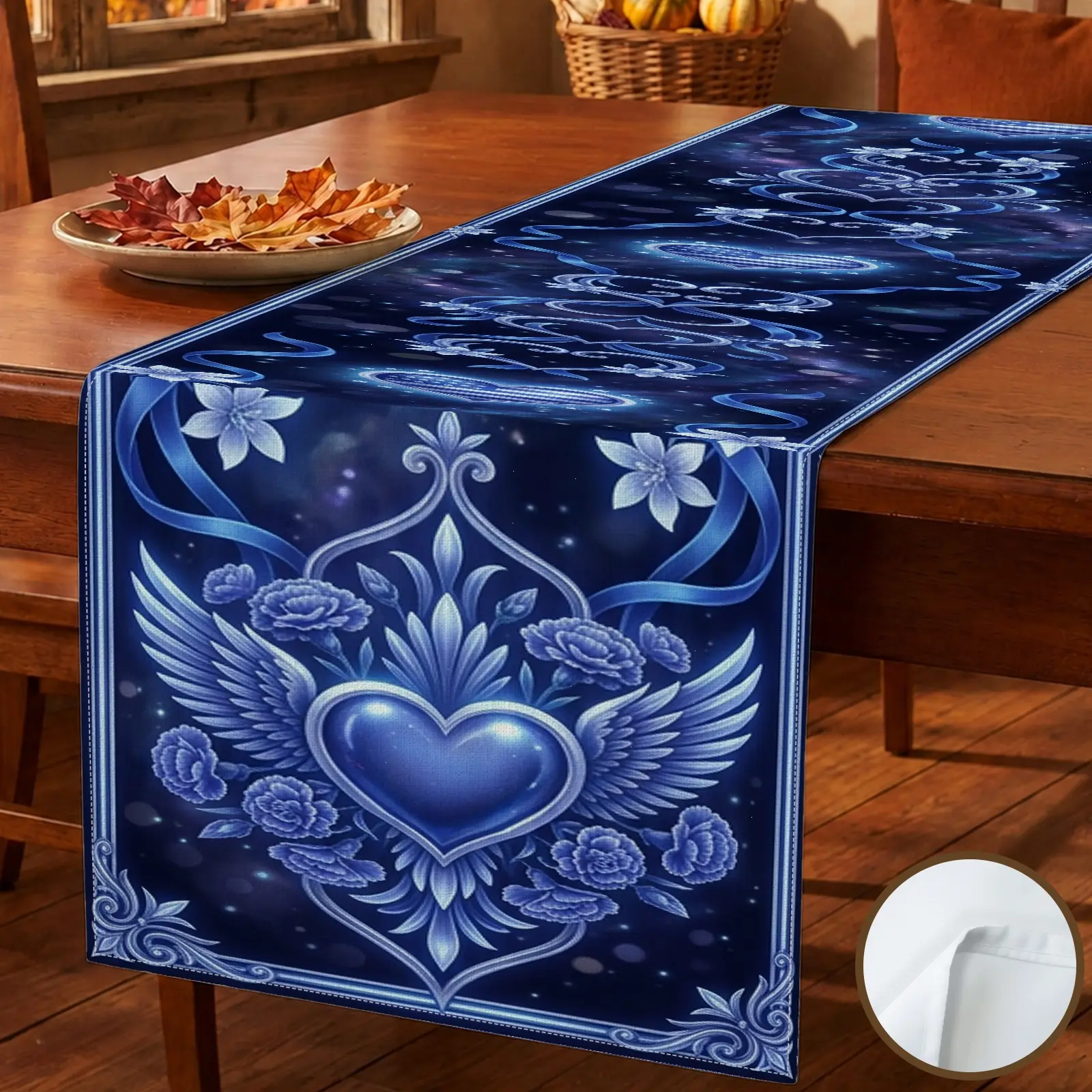 1pc Blue Heart Floral Table Runner, Vintage Style, Decorative Border with Floral Elements, for Dining Table Home Decor Kitchen Decor Seasonal Table Decor
