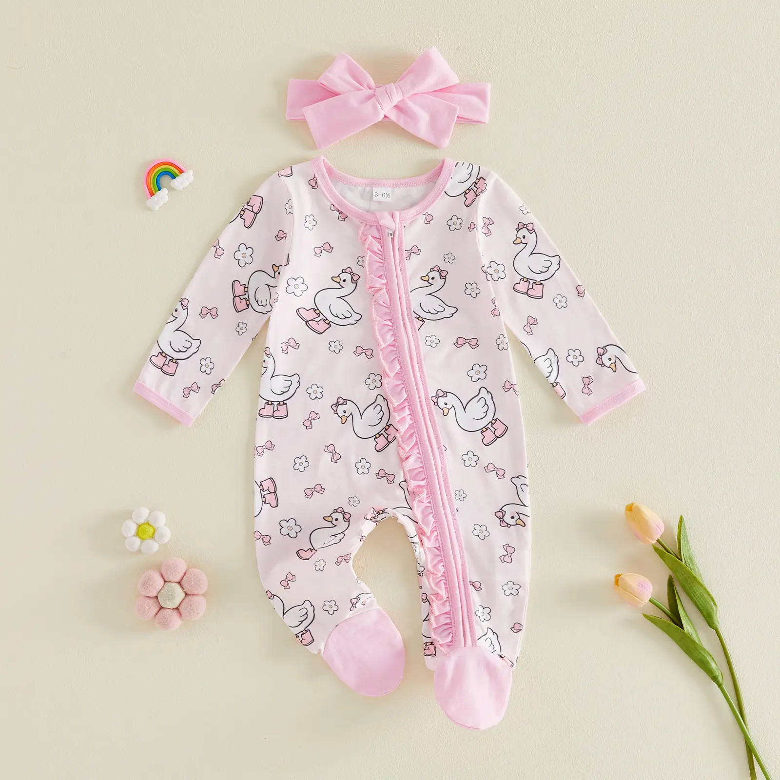 FOCUSNORM Newborn Baby Girl Clothes Duck Flower Bow Print Ruffle Zipper Up Plaid Long Sleeve Footie Romper Onesie Bow Headband Set 0-12M