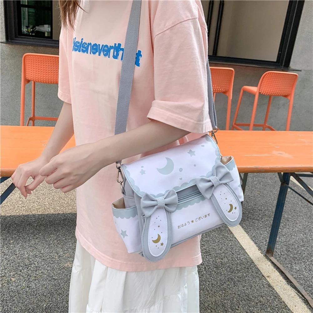 Y2K Cute Girl Lolita Bow Rabbit Shoulder Bag Women Star Moon Canvas Crossbody Bags Korean Kawaii Satchel Bag Sweet Messenger Bag