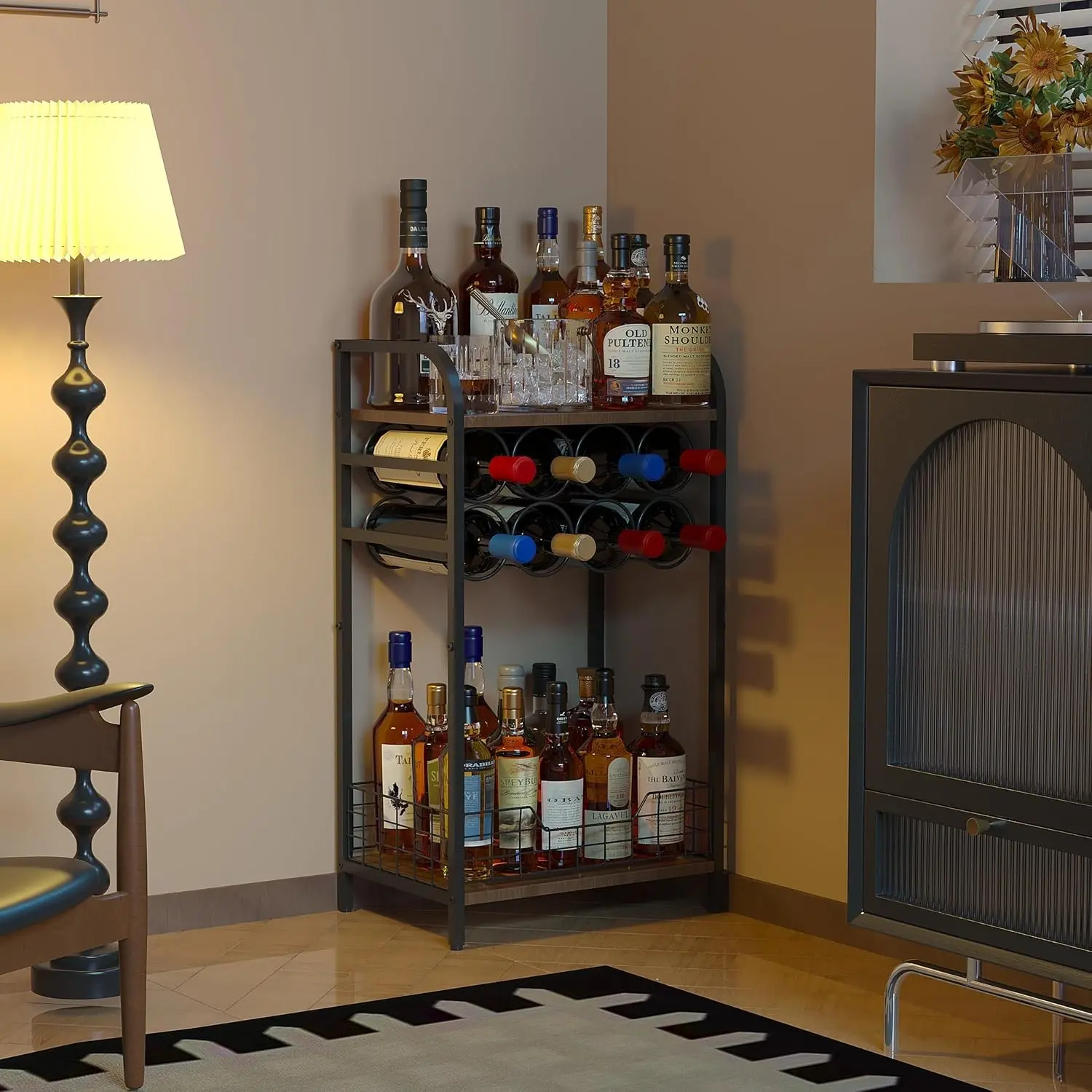 3-Tier Wine Rack Freestanding Floor Cabinet Corner Bar Cabinet Bar Cart,12 Individual Wine Storage Bottle Compartments Corner Bar Cabinet Holder,Wood + Black Frame Liquor Cabinet