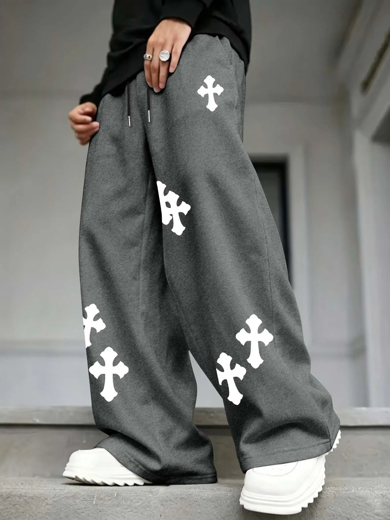 Men's Wide Leg Sweatpants, Vintage Cross Print, Loose Fit Drawstring Long Pants, Casual Fall & Winter Streetwear, Geometric Pattern