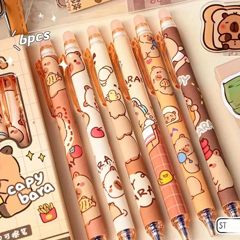 Cartoon Bear Design Erasable Gel Pen (6 Counts/set), Cute Blue Ink Writing Pen with Box, Writing Stationery for School & Office & Home