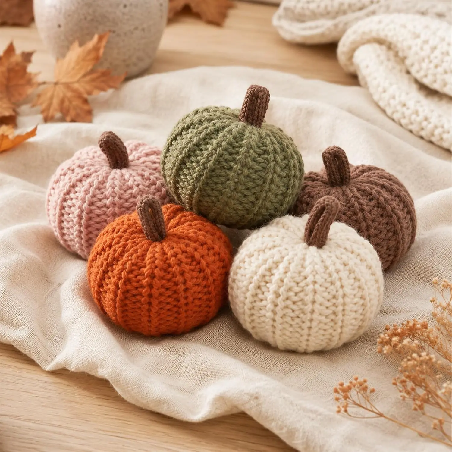 5-Piece Yarn Knitted Mini Pumpkin Decor Set, Handmade Crochet Decorative Centerpieces, Cozy Look Bowl Accents for Farmhouse Tier Tray, Thanksgiving-Halloween Home Gift