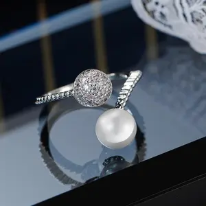 Minimalist Cold Style Pearl Zircon Open Ring, Adjustable Versatile Statement Jewelry