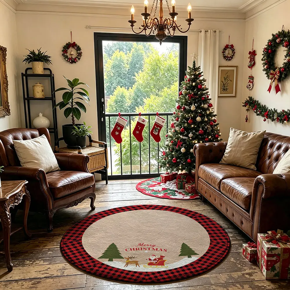 Christmas Reindeer Tree Theme Red And Black Round Rug, Machine Washable Soft Non‑Slip Floor Mat for Entry Bedroom Balcony Decor
