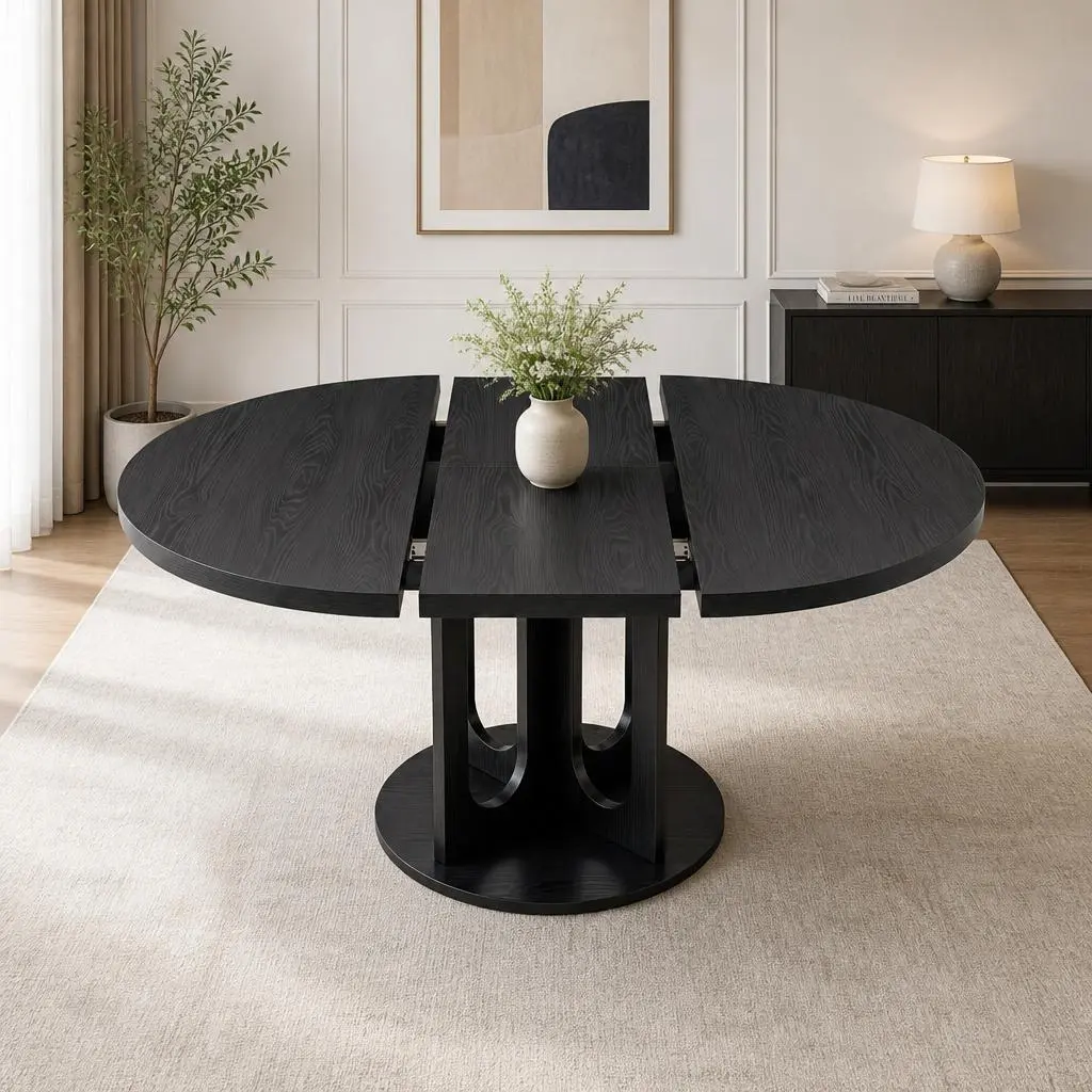 43"-59" Extendable Dining Table, Round Kitchen Dinner Table for 4-6,Space Saving Modern Oval Expandale Furniture with 3-Pillar Hollow Pedestal for Kitchen Living Room