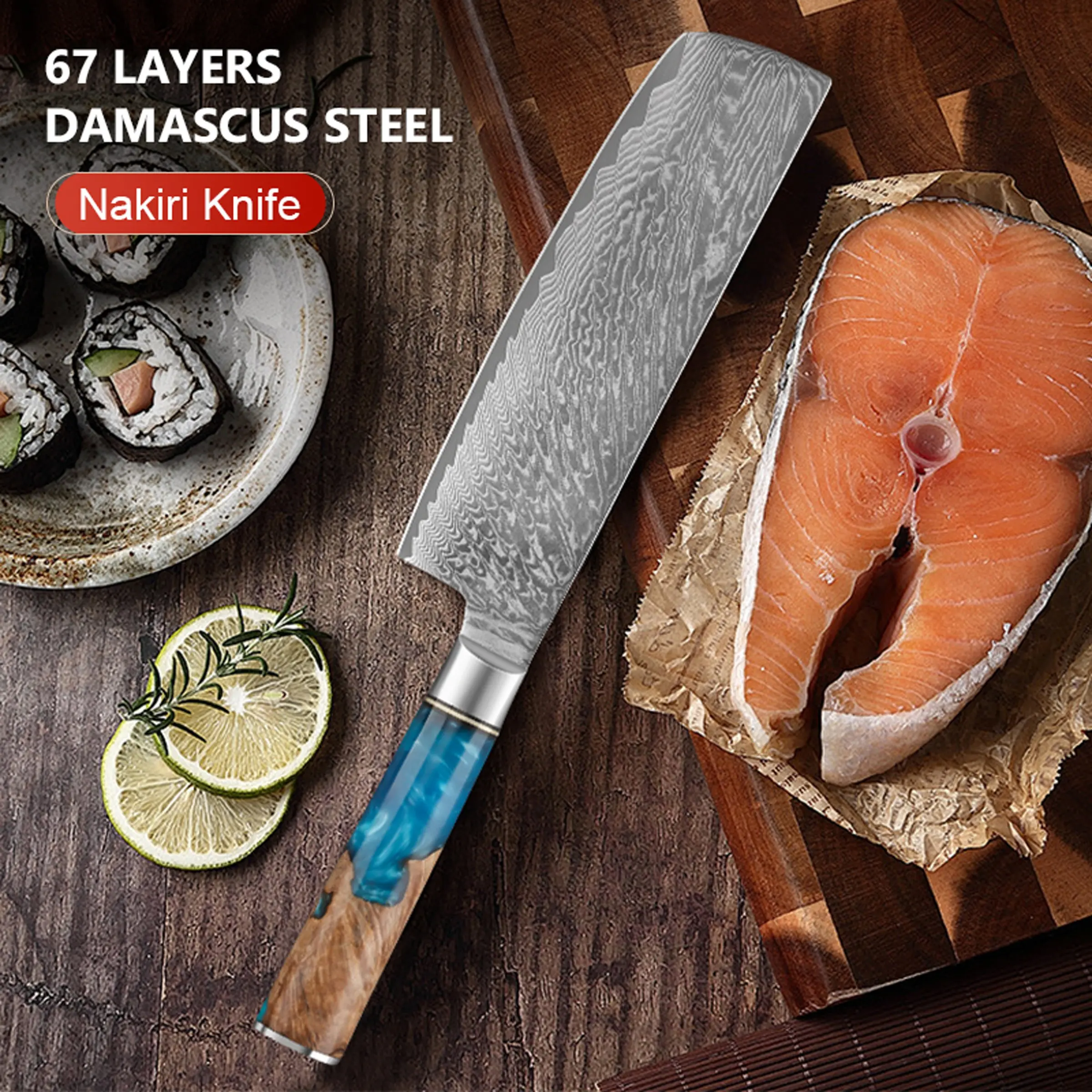 7-Inch Premium Kitchen Chef's Knife with 67-Layer Damascus Steel Sharp Blade for Slicing Meat and Vegetables, Blue Resin Comfortable Handle for Professional Cooking