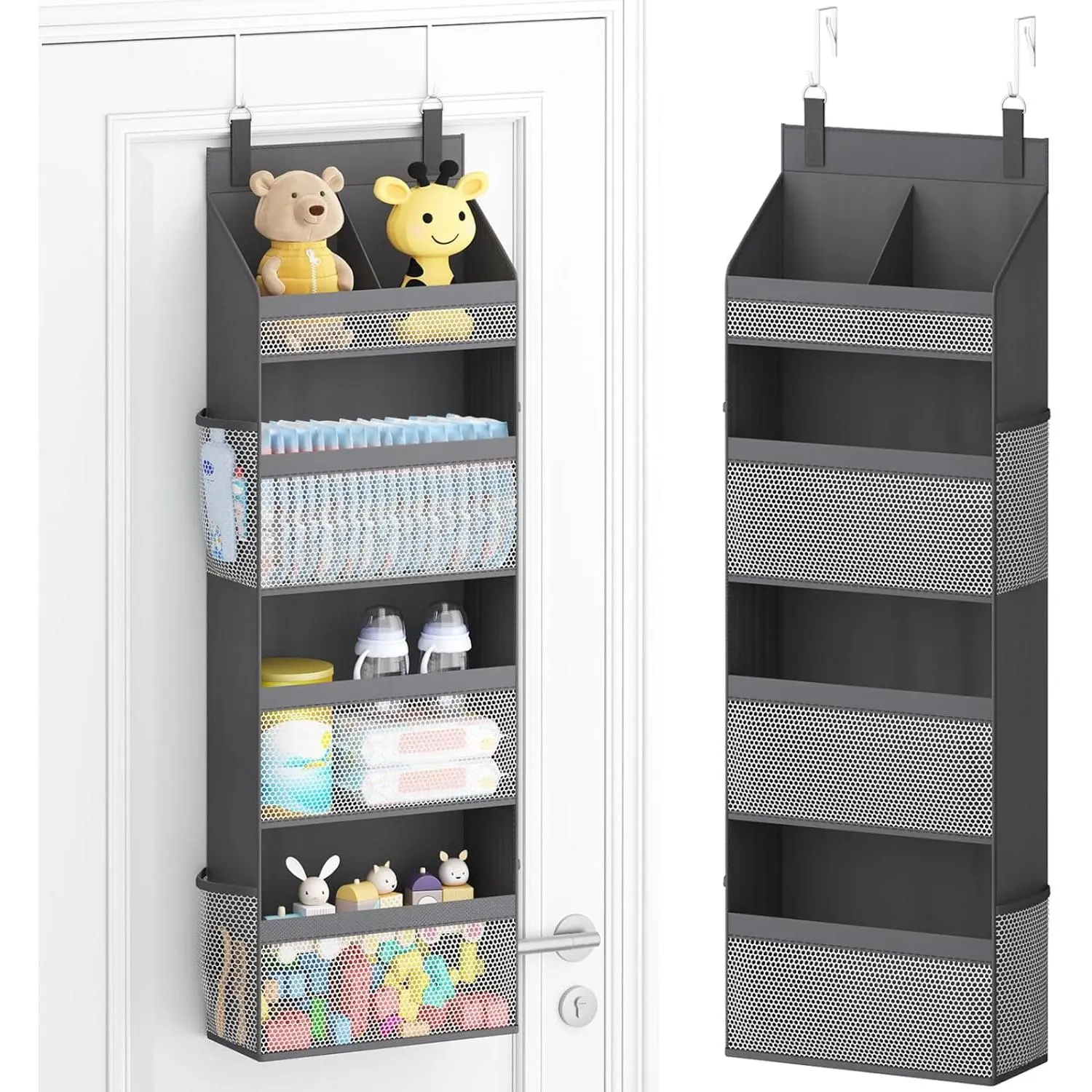 4-Tier Over the Door Diaper Organizer for Nursery Use, Heavy-Duty Baby Storage with 4 Mesh Pockets, Sturdy Back-of-Door Shelf for Baby Stuff, Gray