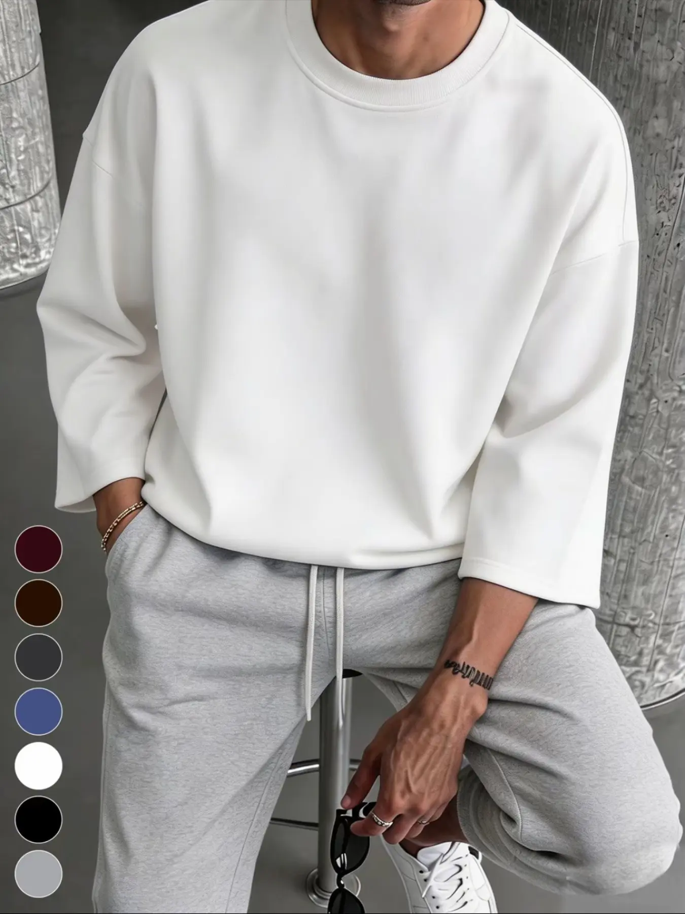 Solid Color Basic Long Sleeve Top, Loose Drop Shoulder, Slim Fit, Casual Style, Spring & Fall, Pair with Joggers or Jeans