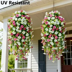 8Pcs Large Artificial Red Lotus & White Morning Glory Hanging Vines, Realistic Faux Hanging Flowers Garland, UV Resistant Weatherproof No Maintenance Floral Decor for Home Garden Patio Porch Wedding Easter Decoration