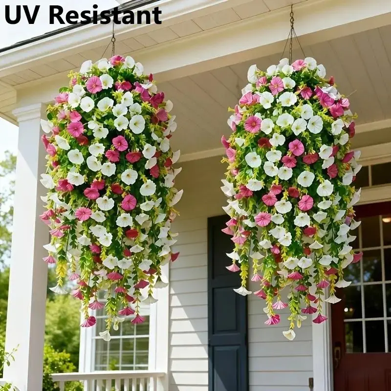 Weatherproof Faux Flower Hanging Vines, Large Red Lotus & White Morning Glory Decor Garland, 8 Pack for Home, Porch, Garden and Holiday Party Artificial Flower Garland, Artificial Hanging Plants