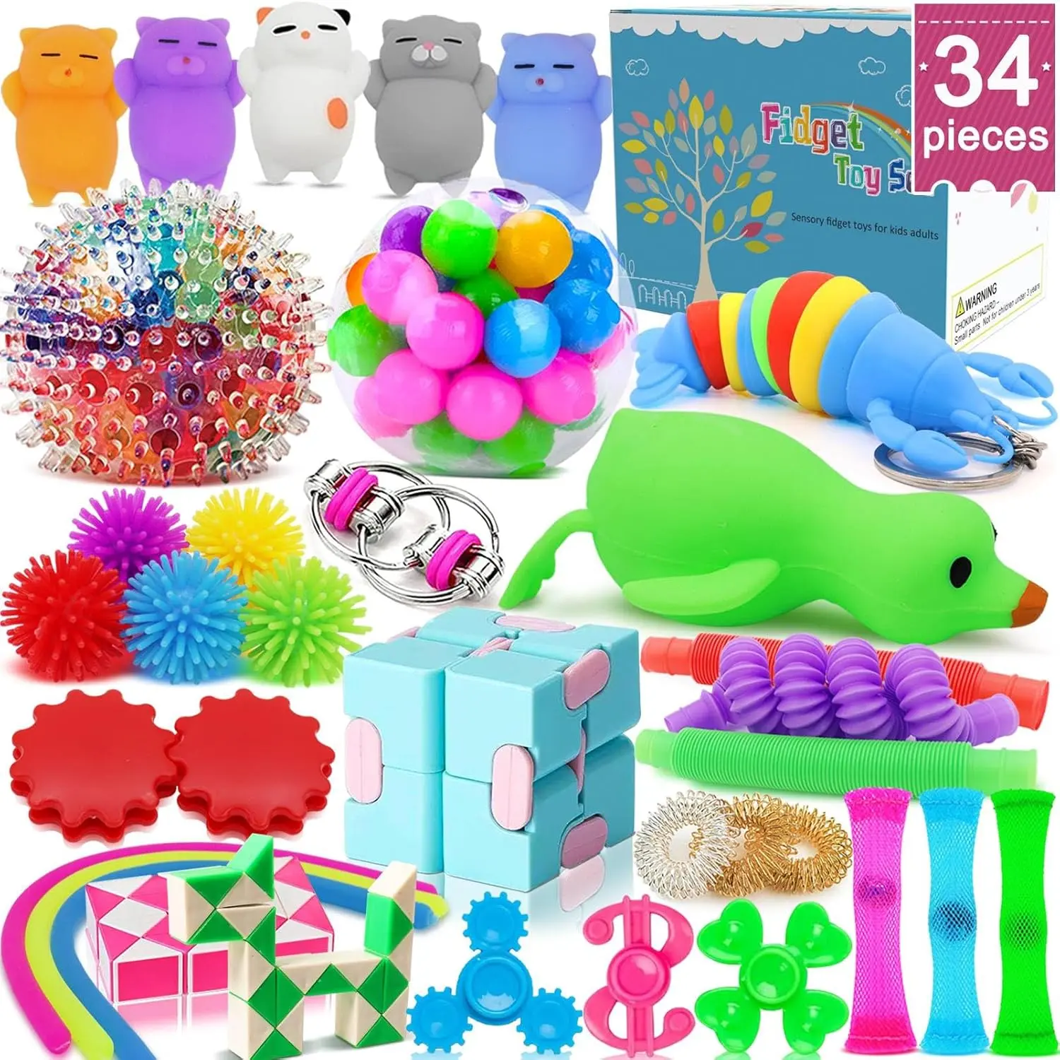 34 Pcs Fidget Toys, Stress Relief Fidget Sensory Toys for Kids Adults Boys Girls ADHD OCD Anxiety Autism, Treasure Box Prizes Classroom Rewards Party Favors Carnival Prizes Goodie Bag Stuffers Gifts