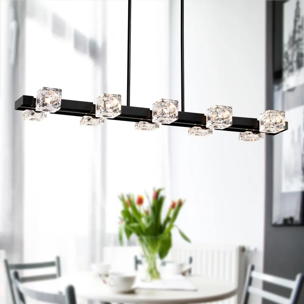 10-Light Black Farmhouse Linear Chandelier with G9 Bulb, Modern Crystal Ceiling Mount Pendant Fixture, Rectangular Hanging Lighting for Dining Room, Kitchen Island, Commercial & Home Office Furniture Decor