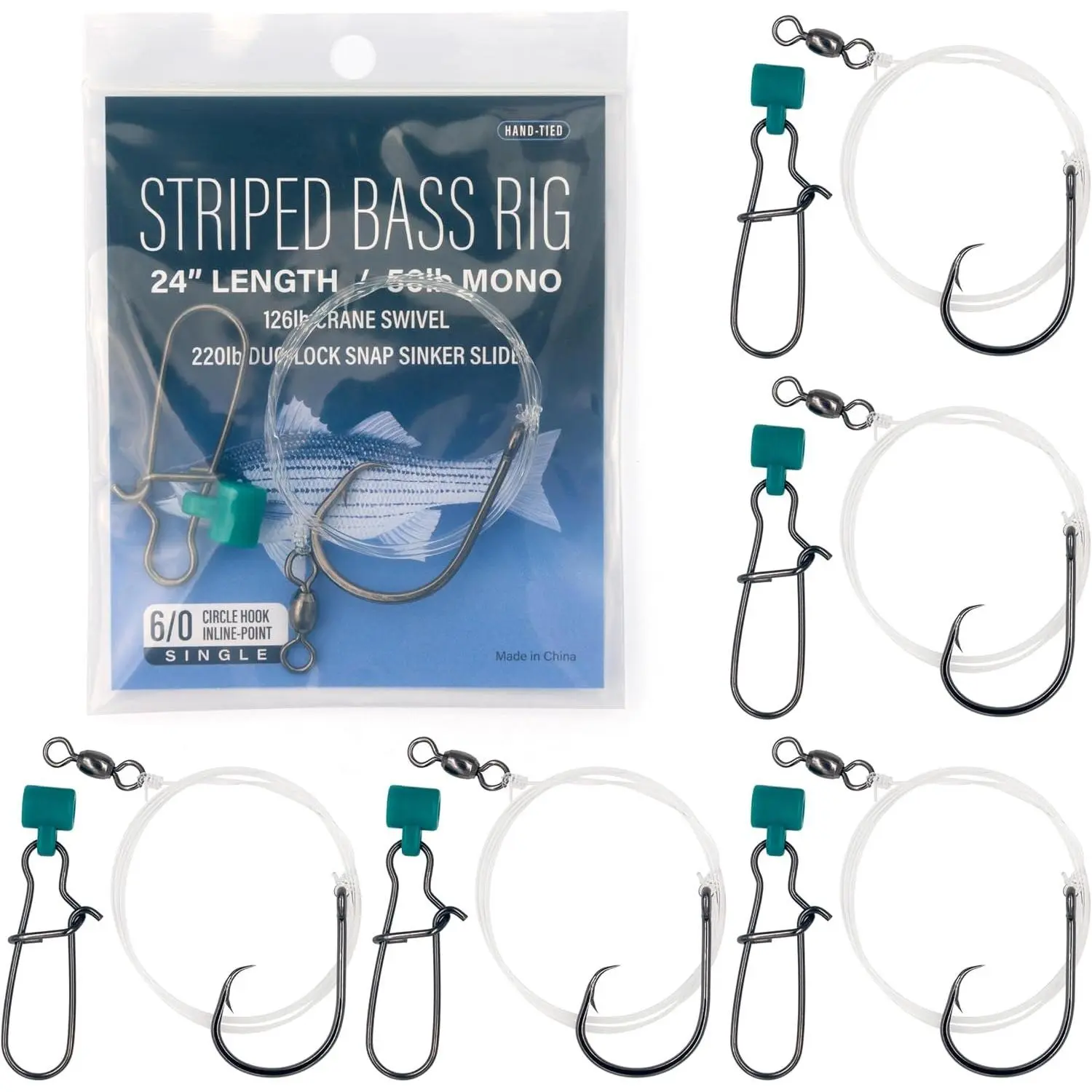 Striped Bass Rigs, 6-Pack, 6/0 Inline Circle Hook | 24" 50lb Mono Leader, Fish Finder Slider Rigs, Hand-Tied Saltwater Surf Fishing Tackle, 126lb Swivel & 220lb Snap for Striper