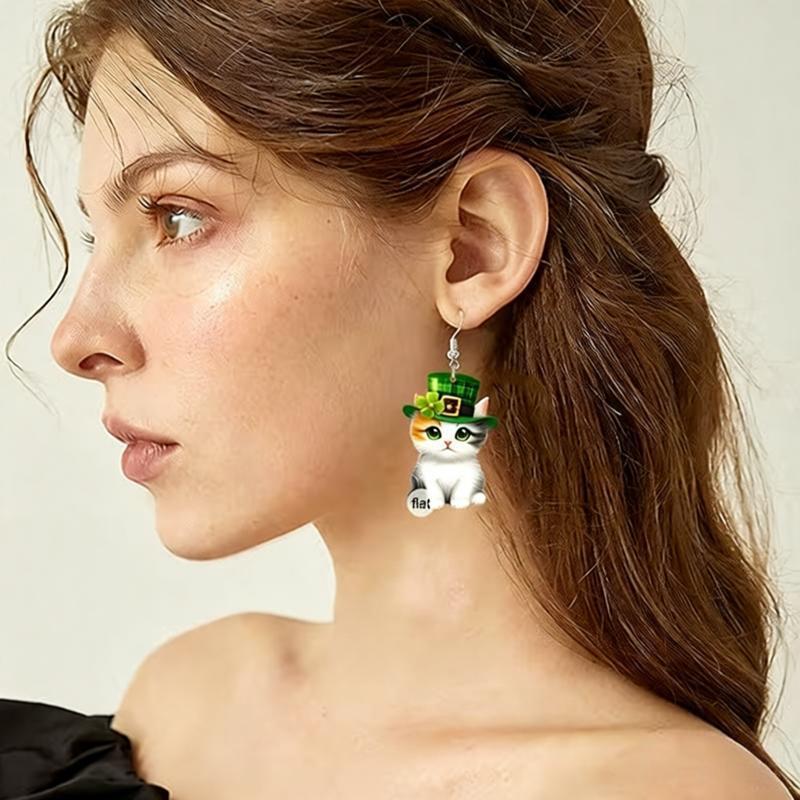 Irish St. Patrick's Day Cat Earrings 2D Flat Acrylic Creative Green Magic Hat Three Color Kitten Earrings Women's Festival Gift Irish St. Patrick's Day Cat Earrings 2D Flat Acrylic Creative Green Magic Hat Three Color Kitten Earrings Women's Festival Gift