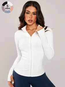 Women's Stand Collar Zip Front Jacket, Thumb Hole Design, Comfortable Sweat Wicking Breathable Training Long Sleeve Lightweight Sports Jacket for Gym & Outdoor Cycling, Athletic Jackets, Sports Outerwear, Sporty Breathable Outerwear