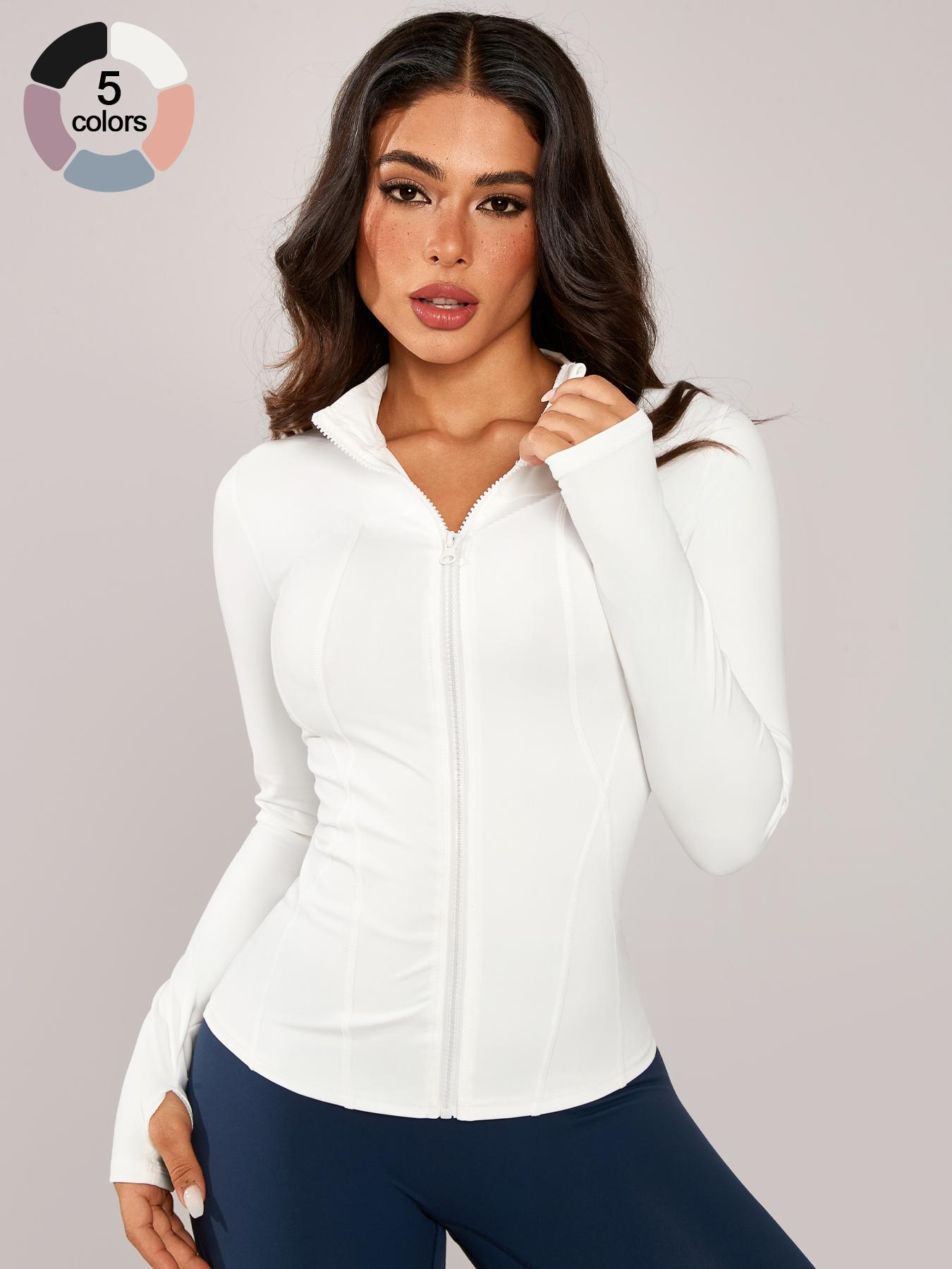 Women's Stand Collar Sport Jacket, Thumb Hole Design, Comfortable Breathable Training Long Sleeve Coat, Gym & Outdoor Cycling Fashion, High Elasticity Jacket